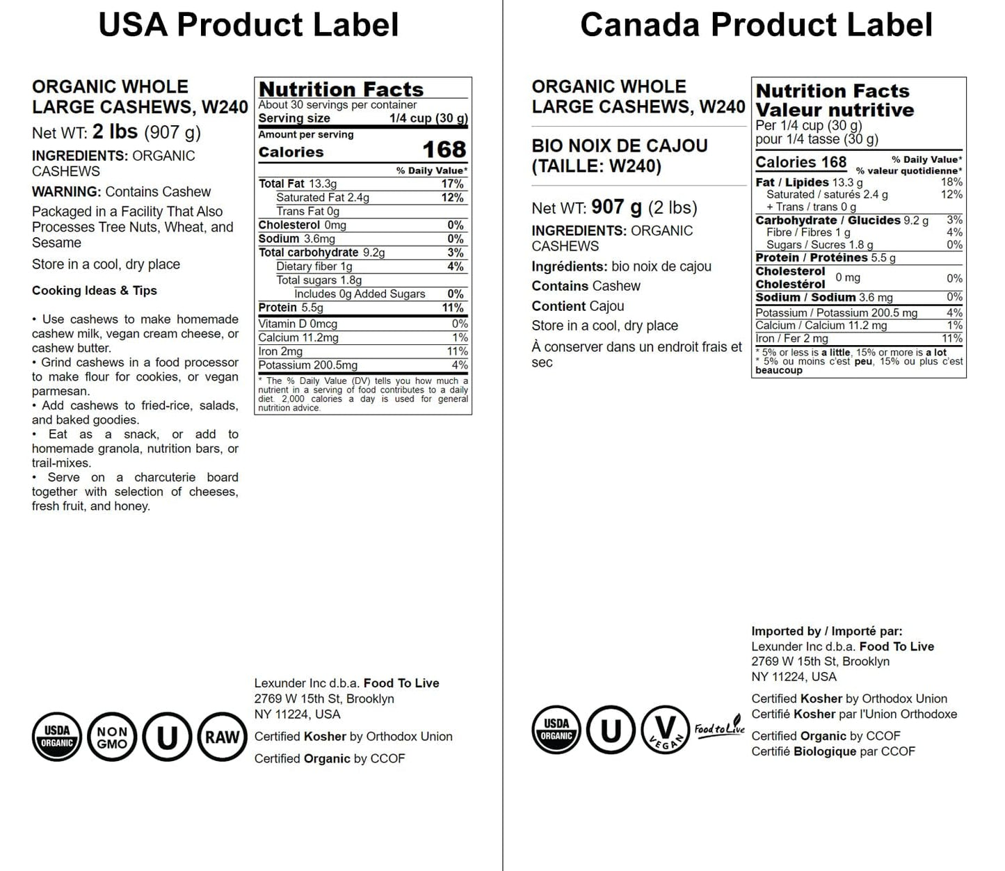 Food to Live Organic Cashews, 2 Pounds - Whole, Size W-240, Unsalted, Non-GMO, Kosher, Raw, Vegan, Bulk