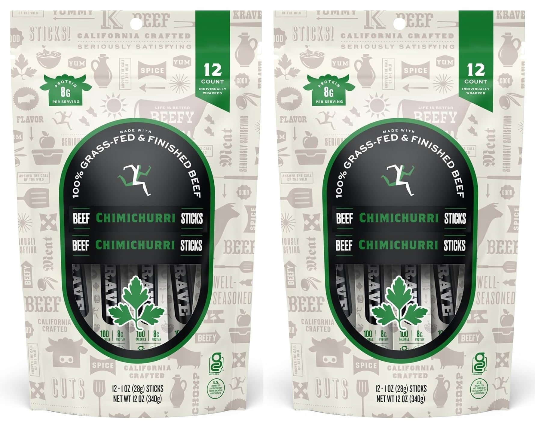 (Pack of 2) Beef Sticks, Chimichurri (12 Sticks x 1 Oz/Stick), Net Weight 12 Ounce- 100% Grass Fed Beef, 100 Calories Per Stick,