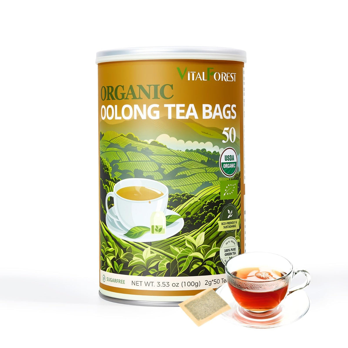 Organic Oolong Tea Bags, 50 Count, Unbleached, ECO-Conscious Chinese Oolong Tea, VitalForest High Mountain Tea Tie Guan Yin, Non
