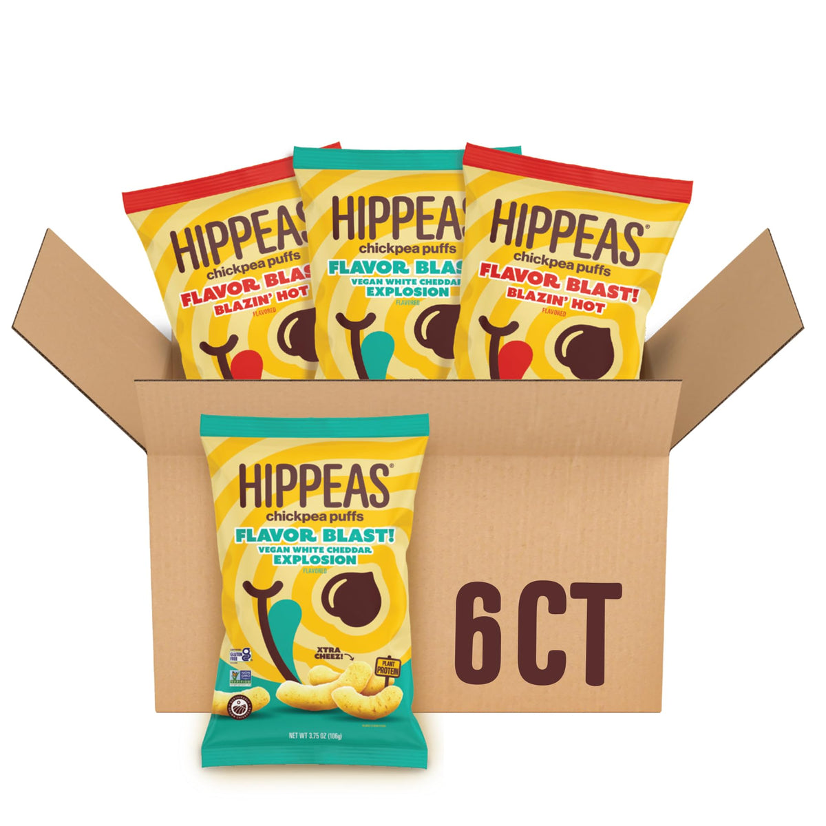 Hippeas Chickpea Puffs  Flavor Blast Variety Pack: Vegan White Cheddar Explosion And Blazin  Hot (Pack Of 6)  4G Protein  3G Fiber  Vegan  Gluten-Free  Crunchy  Plant Protein Snacks