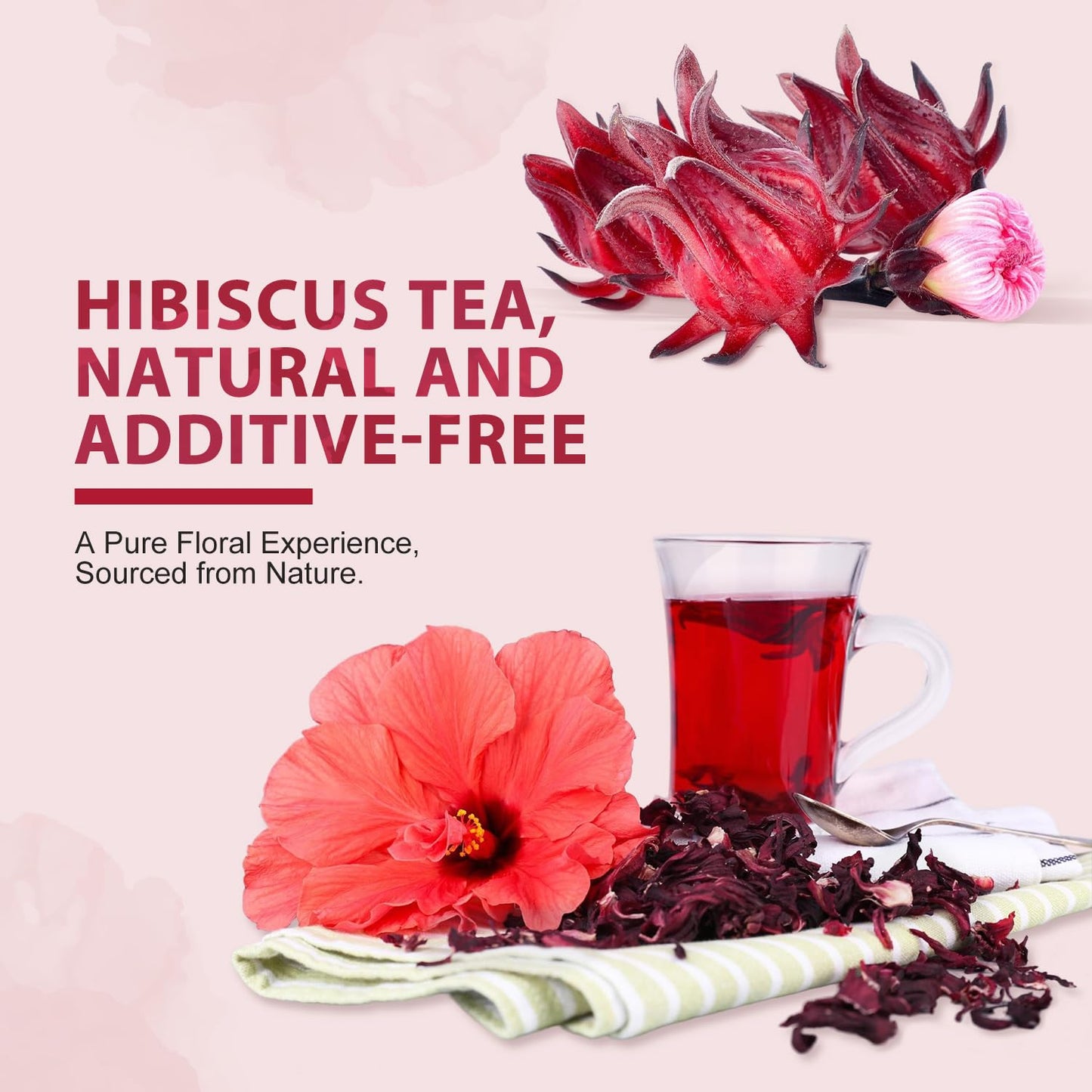Soeos Organic Hibiscus Flower Herbal Tea, Caffeine-Free, 16oz Whole Dried Petals
