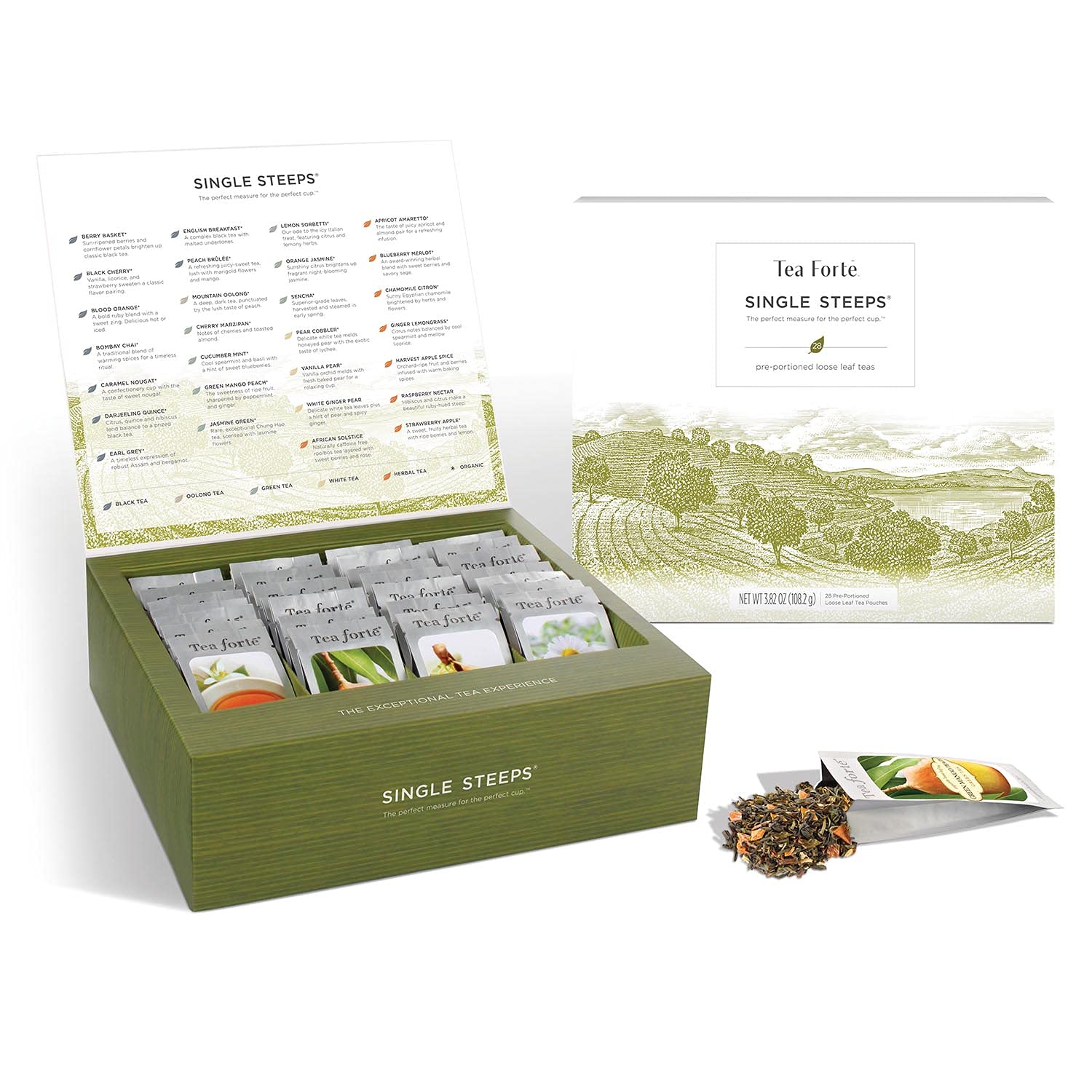 Tea Forte Classic Assortment Loose Leaf Tea Gift Set, 28 Count Single Serve Pouches, Assorted Blends