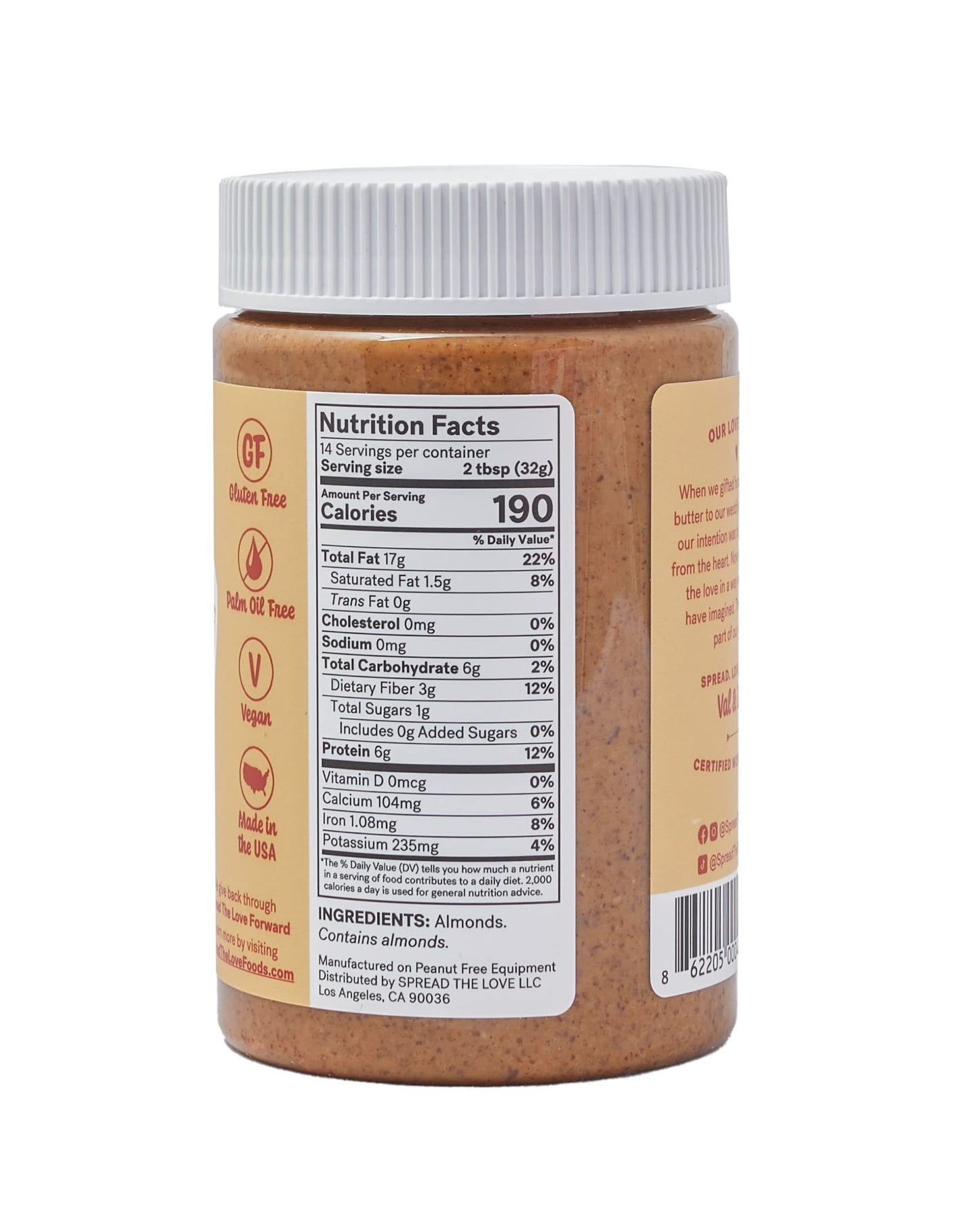 Spread The Love Almond Butter, Unsalted Crunch, 16 Ounce, All Natural, Vegan, Gluten Free