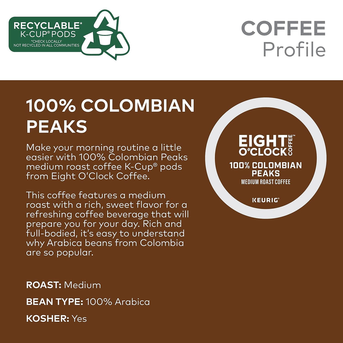 Eight O'Clock Coffee Colombian Peaks, Single-Serve Keurig K-Cup Pods, Medium Roast Coffee, 24 Count