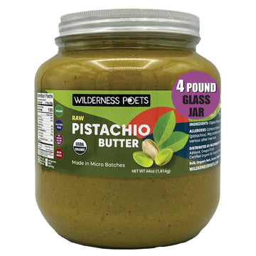 Wilderness Poets, Pistachio Butter - Organic, Raw, 100% Pistachio (64 Ounce - 4 Pound) - Half Gallon Glass Jar - Perfect for Dub
