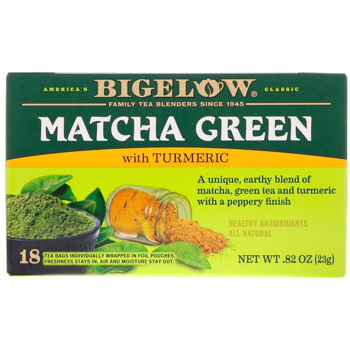 Bigelow Tea Matcha Green Tea with Turmeric, 18 Tea Bags, 18 Count