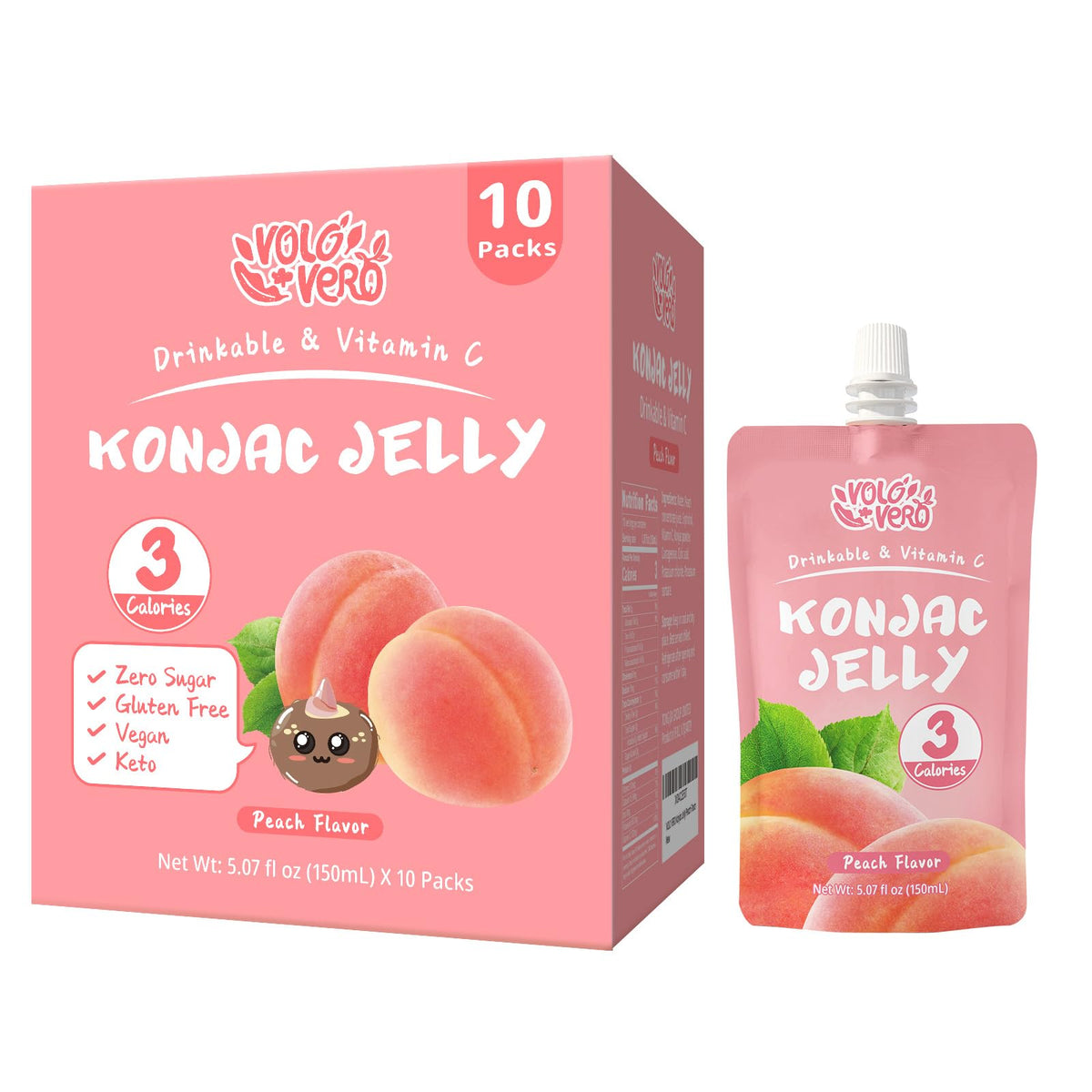VOLO VERO Konjac Jelly Squeeze Pouch Peach Flavor, Low Calories (3 Kcal), 10 Packs, Gluten Free & Vegan, 0 Sugar, Keto, Low Carb