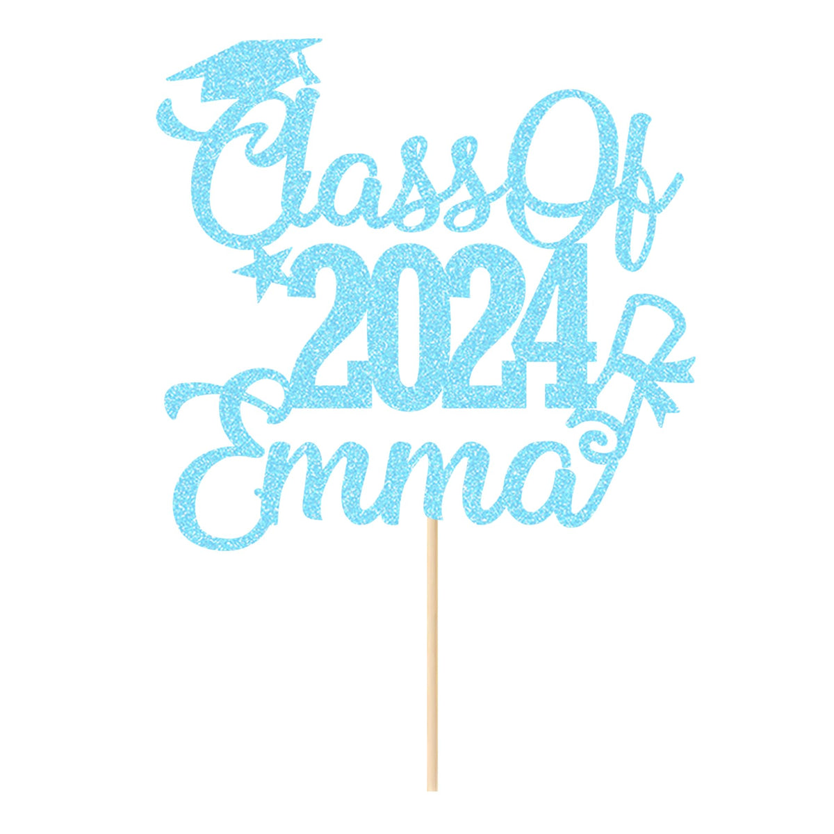 Personalized Cake Topper Custom Congrats Graduation Hat Student Class Of 2024 Double Sided Glitter Card Baby Blue