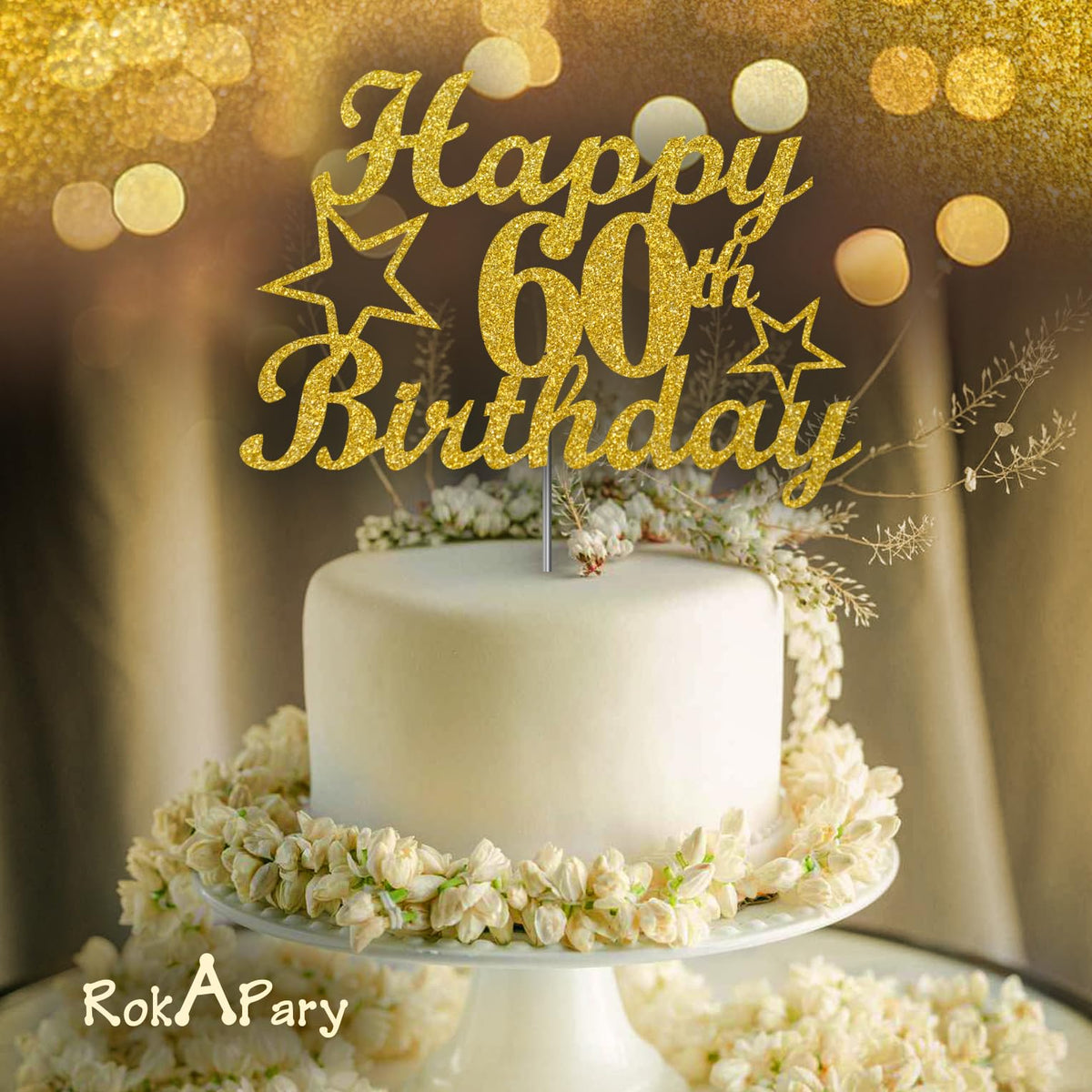 RokAPary 60th Birthday Cake Topper, Gold Glitter, Sturdy Acrylic, Double-Sided Decoration