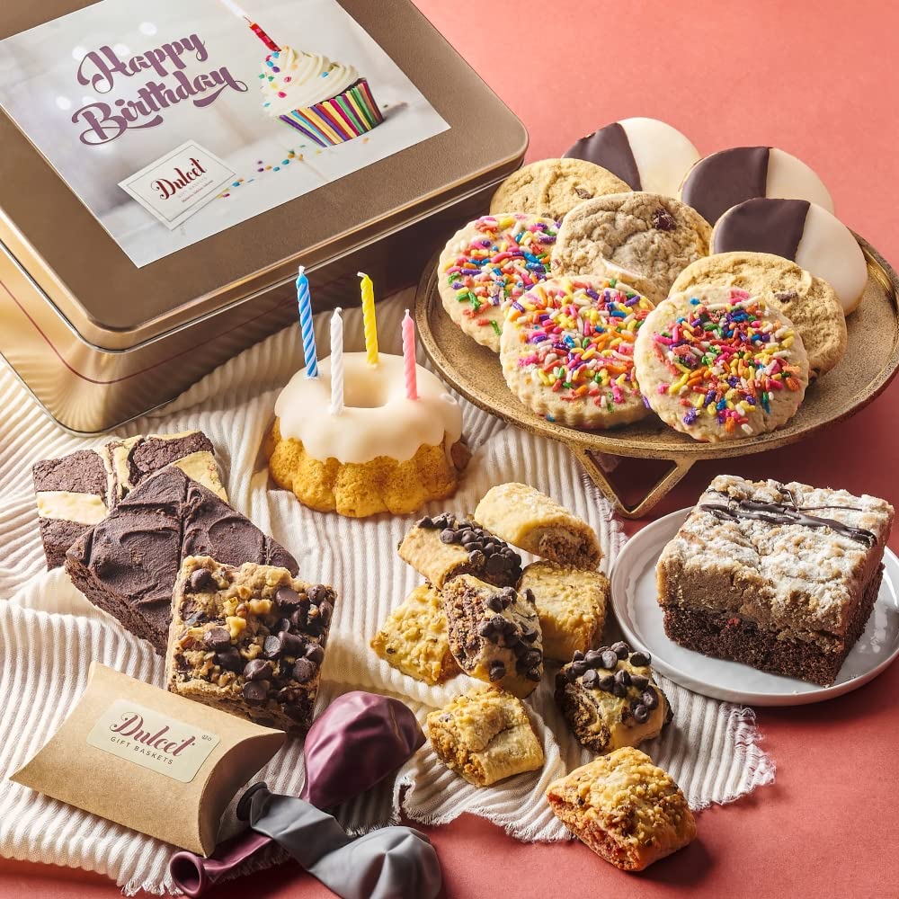 Dulcet Gift Basket Happy Birthday Party Gift Package In Tin With Balloons, Candles -Birthday Cake Great Gift For Men, Women, Him, Her, Mom, Dad, Friends & Family