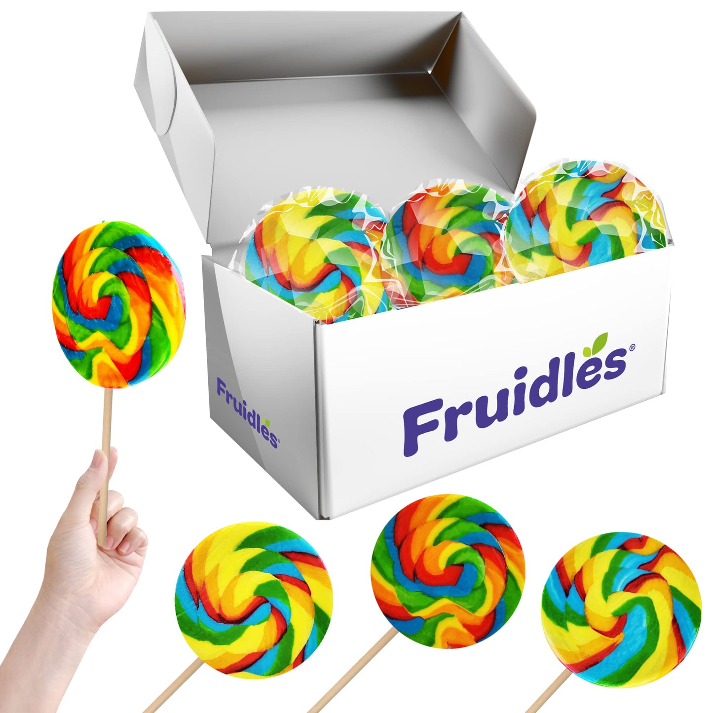 Fruidles Jumbo Rainbow Swirl Lollipop - 4 Inch, Individually Wrapped Sucker, Pack of 3
