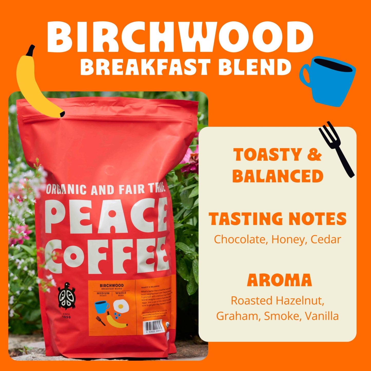 Peace Coffee Birchwood Breakfast Blend | 5 Lb Whole Bean Medium Roast | Organic Fair Trade | Smooth, Mild Favor | Shade Grown, F