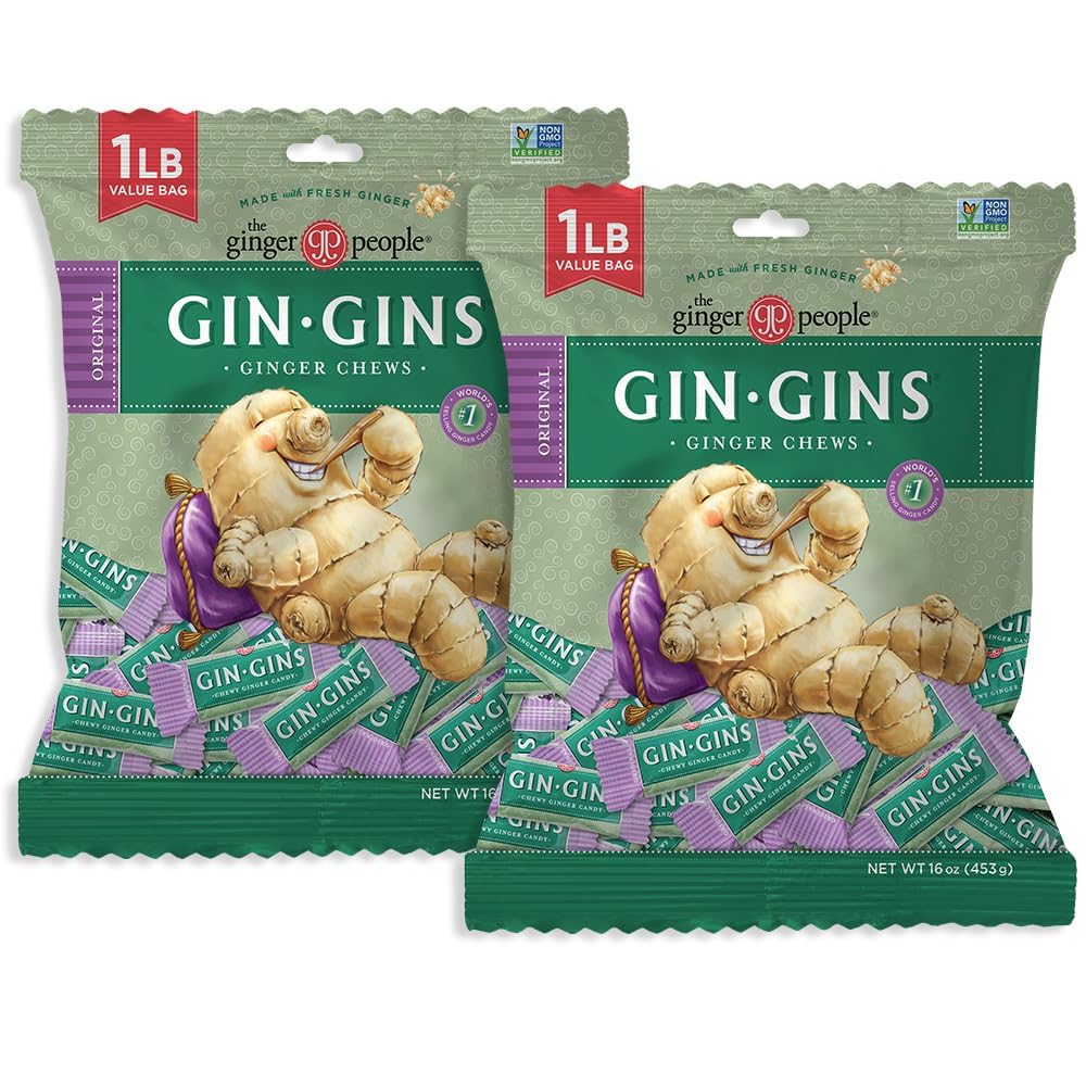 GIN GINS Original Ginger Chews - Natural Fresh Ginger Candy by The Ginger People - Individually Wrapped Healthy Candy - Original Flavor - Large 1 lb Bag (16oz) - Pack of 2