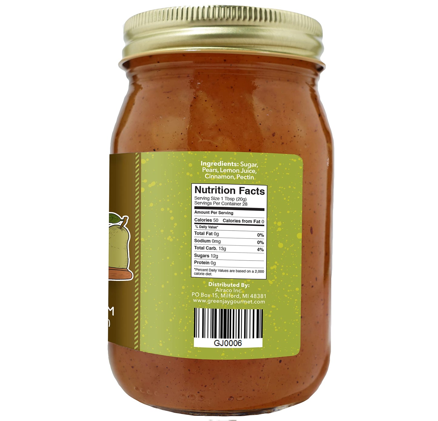 Green Jay Gourmet Cinnamon Pear Jam - All-Natural, Vegan, Gluten-Free - 20 Ounces