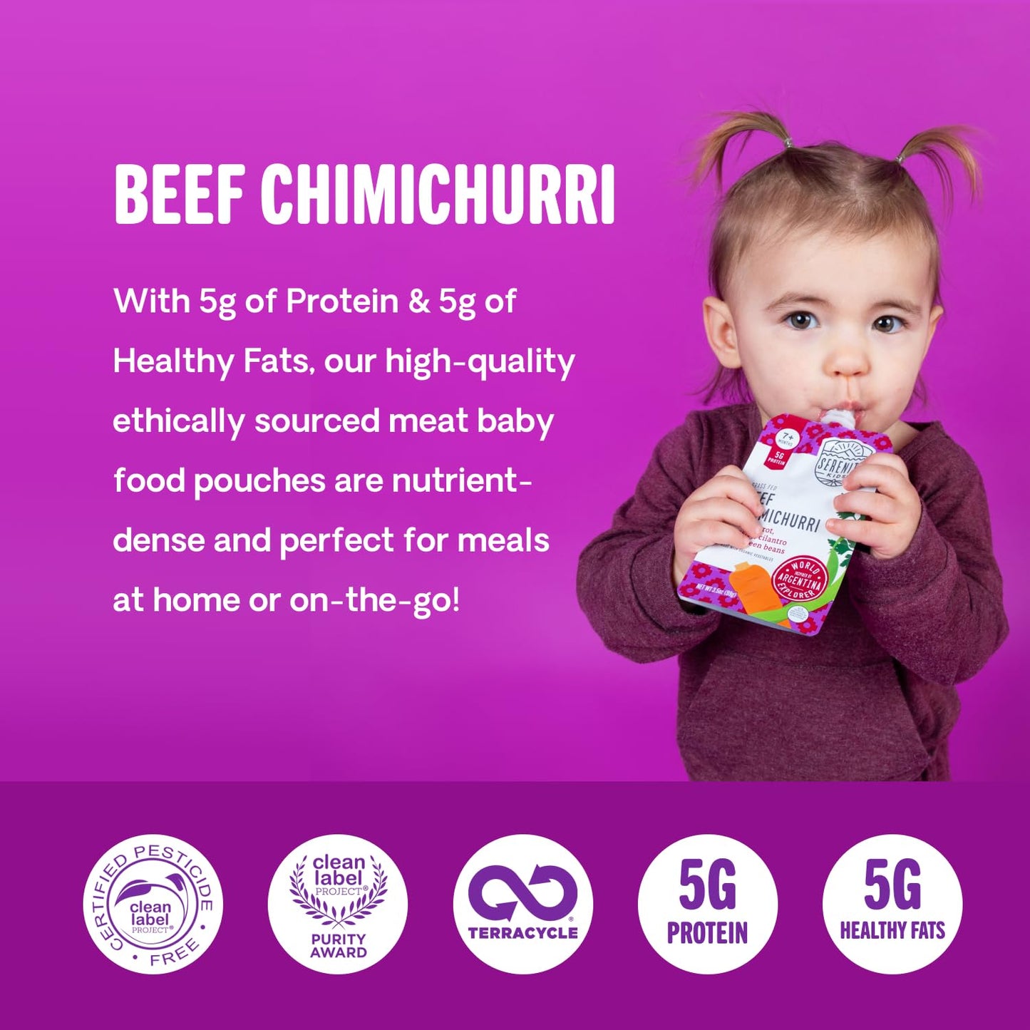 Serenity Kids 7+ Months Baby Food Pouches - Beef Chimichurri 3.5 Oz Pack Of 12-5G Protein Nutrient-Packed Meat Snacks - Bpa-Free Organic Veggie Pouches - On-The-Go Toddler Snacks & Baby Essentials