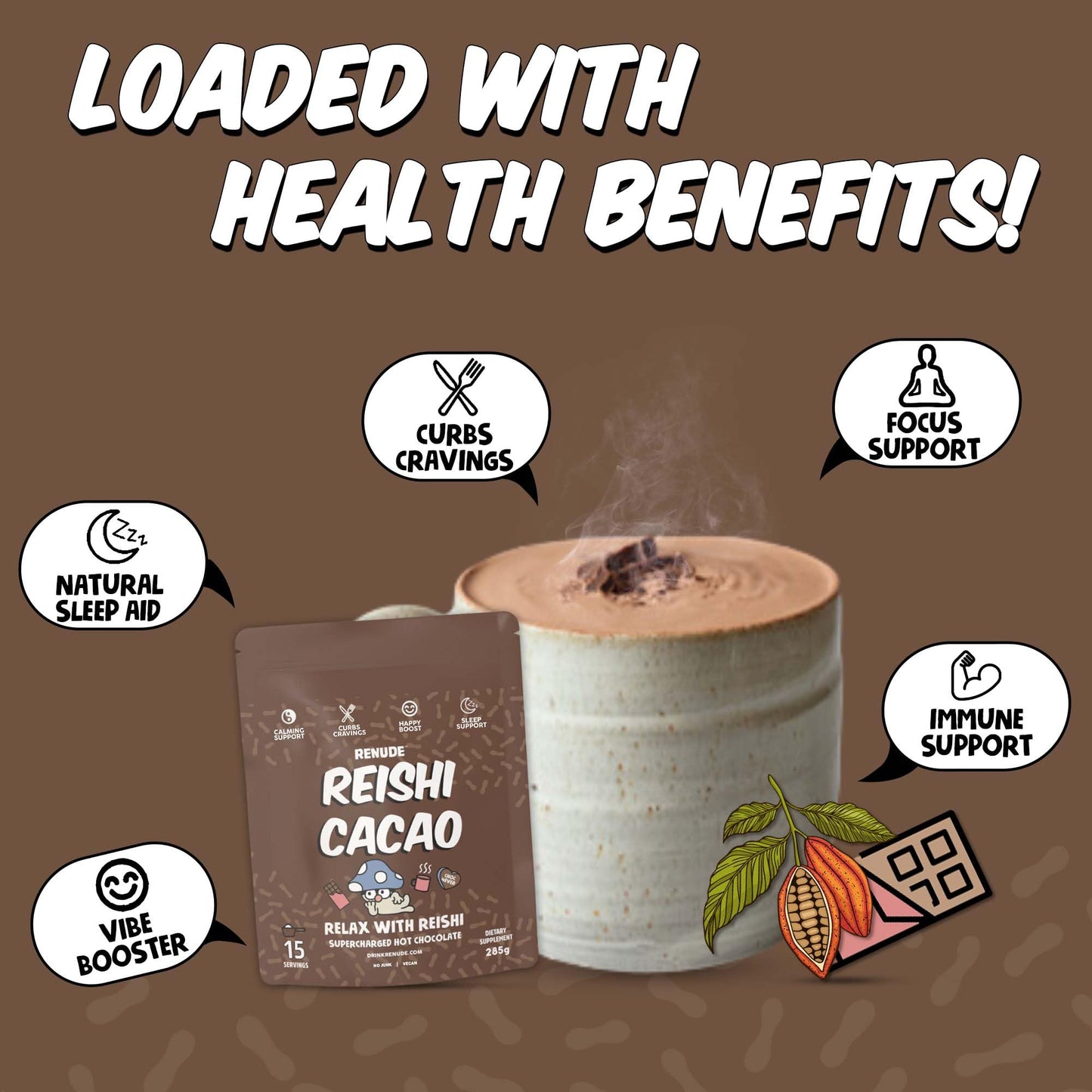 Re  Reishi Cacao Powder - Organic Mushroom Hot Chocolate Mix - 15 Servings