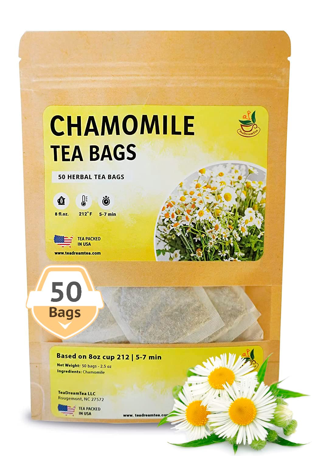 TeaDreamTea Chamomile Tea Bags | Caffeine-Free | 50 Count | Brew Hot or Iced