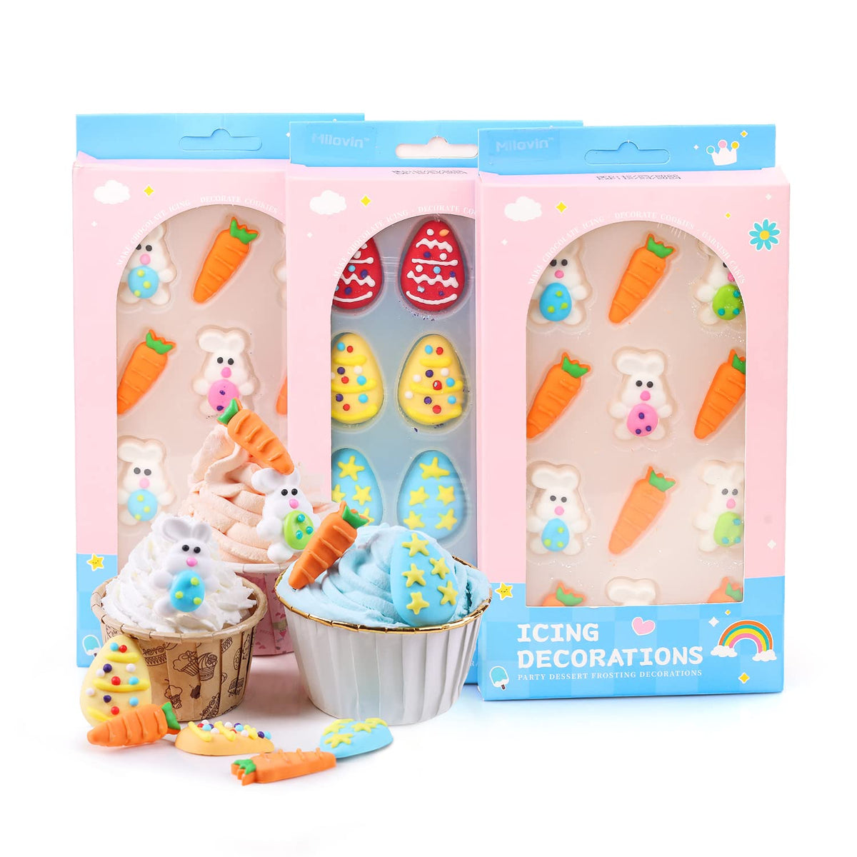 Easter Icing Decoration For Cupcake Decorating, Edible Carrot Cupcake Toppers, Easter Egg, Edible Bunny Icing Decorations For Ma