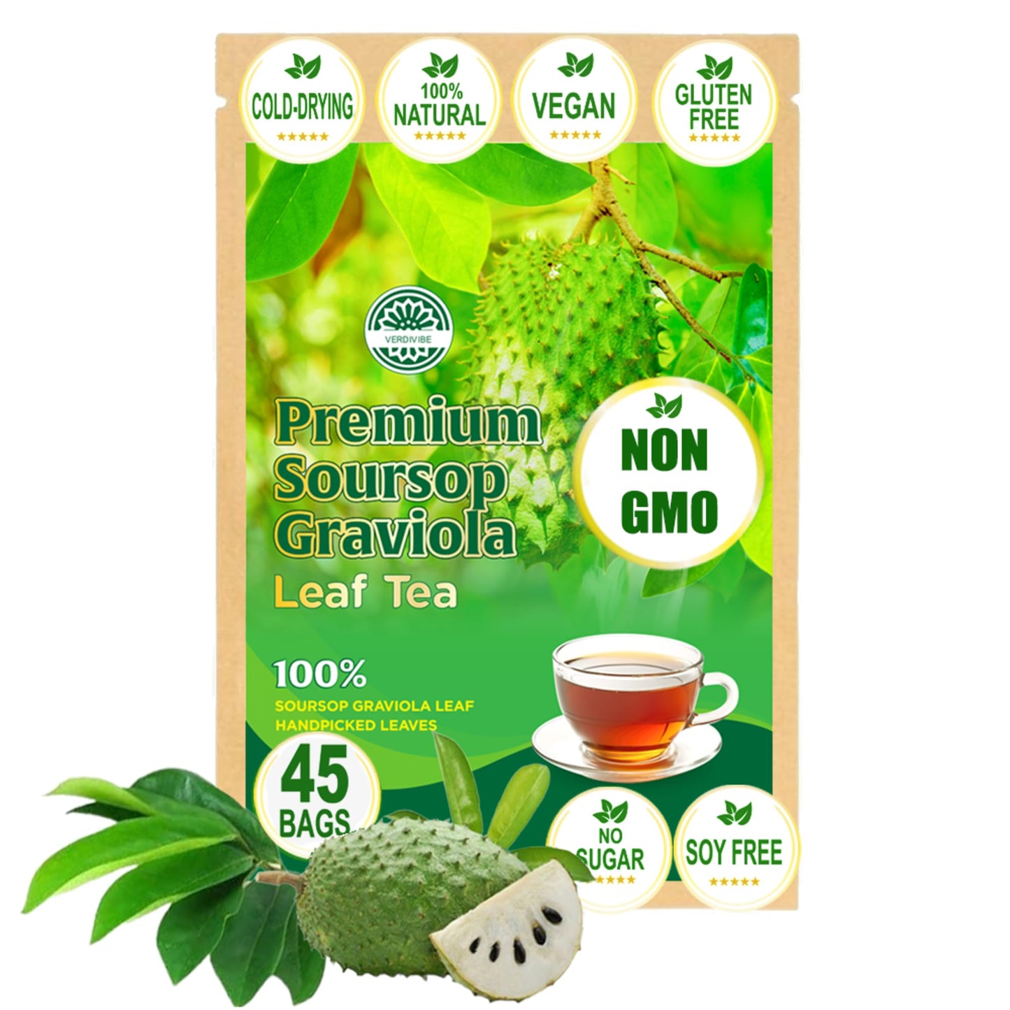 VERDIVIBE Soursop Leaf Tea - Caffeine-Free Herbal Drink, 45 Tea Bags, Non-GMO, Gluten-Free