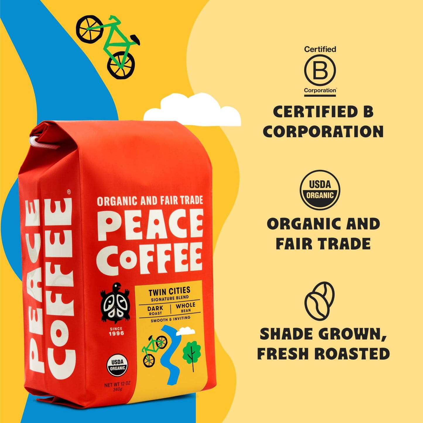 Peace Coffee Twin Cities Blend | 20 Oz Ground Dark Roast | Organic Fair Trade | Smooth, Inviting Flavor | Shade Grown, Fresh Roa