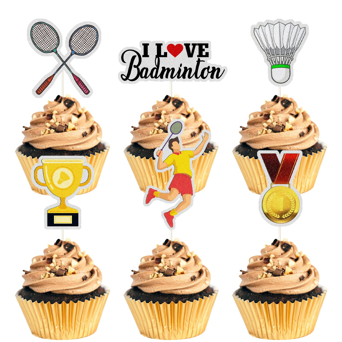 Mefeng-Badminton Theme Cupcake Toppers-Trophy-Racket-Medals-Badminton-I Love Badminton Sign-Funny Kit Ball Games Cupcake Toppers