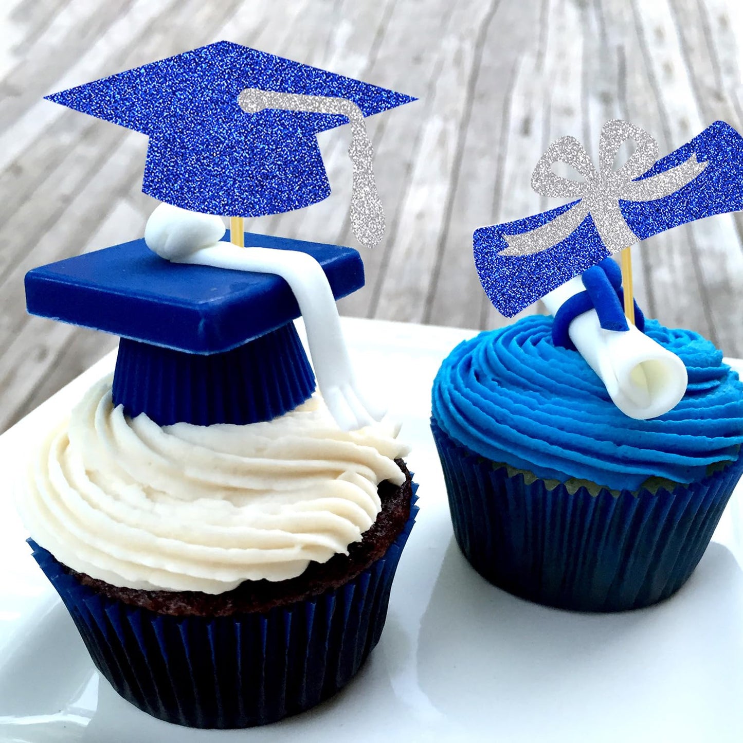 DOMOO OF DREAMS Graduation Cupcake Toppers 24 PCS Blue Silver Glitter Diploma Cap School Colors