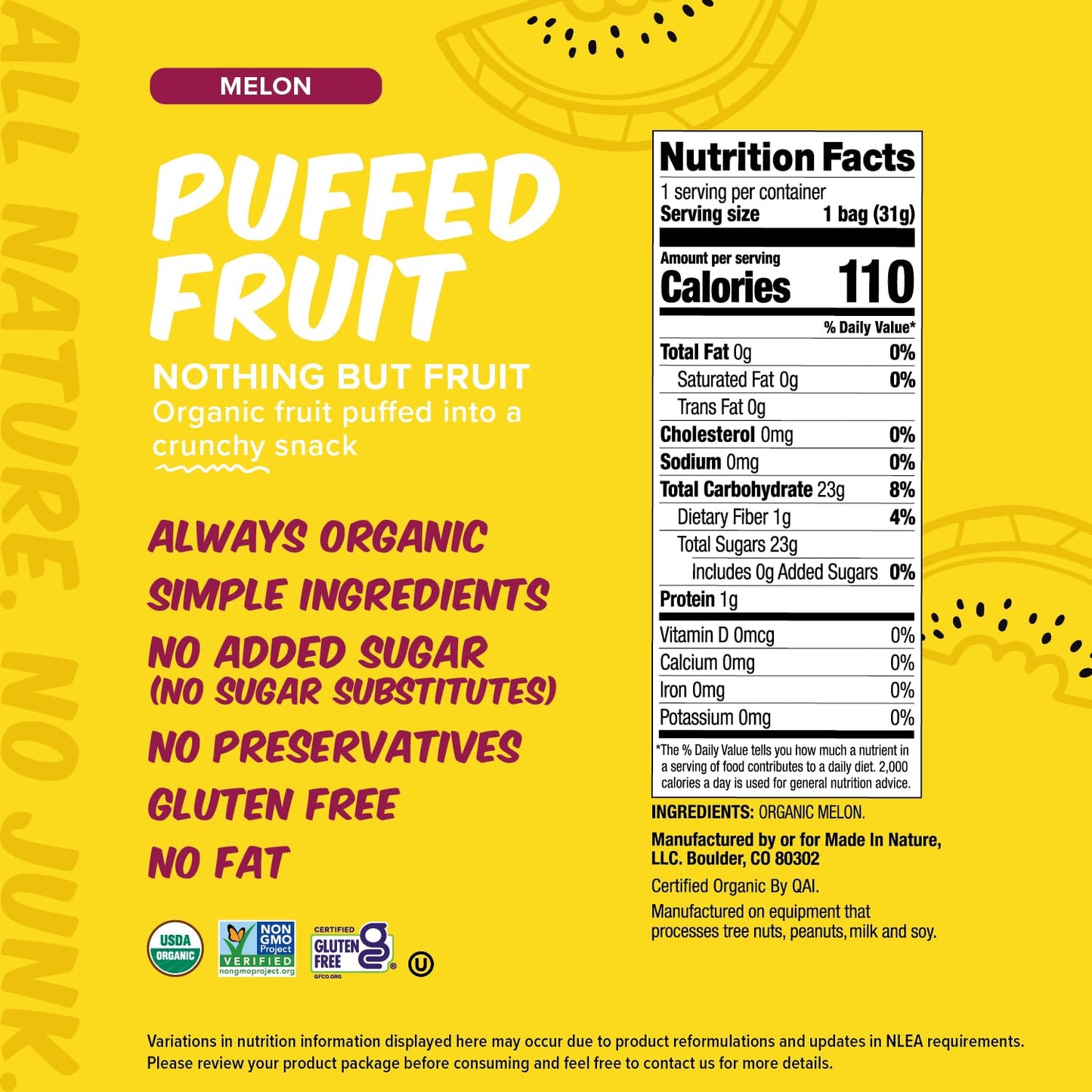 Made In Nature Organic Puffed Fruit, Vegan Snack, Non-GMO, Gluten Free, 1.1 Ounce Bag, Pack of 6