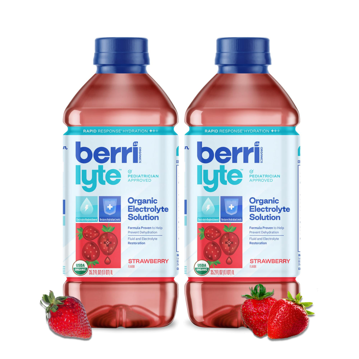Berri Lyte Plant Based Organic Electrolyte Solution - Pediatric Rehydration Drink - Low Sugar Strawberry Flavor, 1 L, 2 Ct