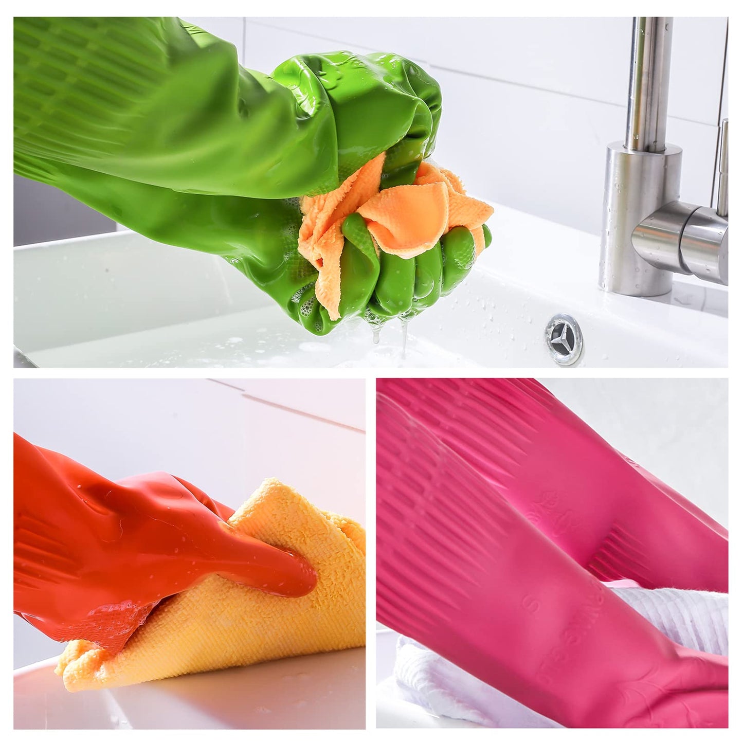 Iucge Rubber Dishwashing Gloves 3 Pairs For Kitchen,Cleaning Washing Dish Gloves Long For Household Reuseable Durable(Medium,Mul