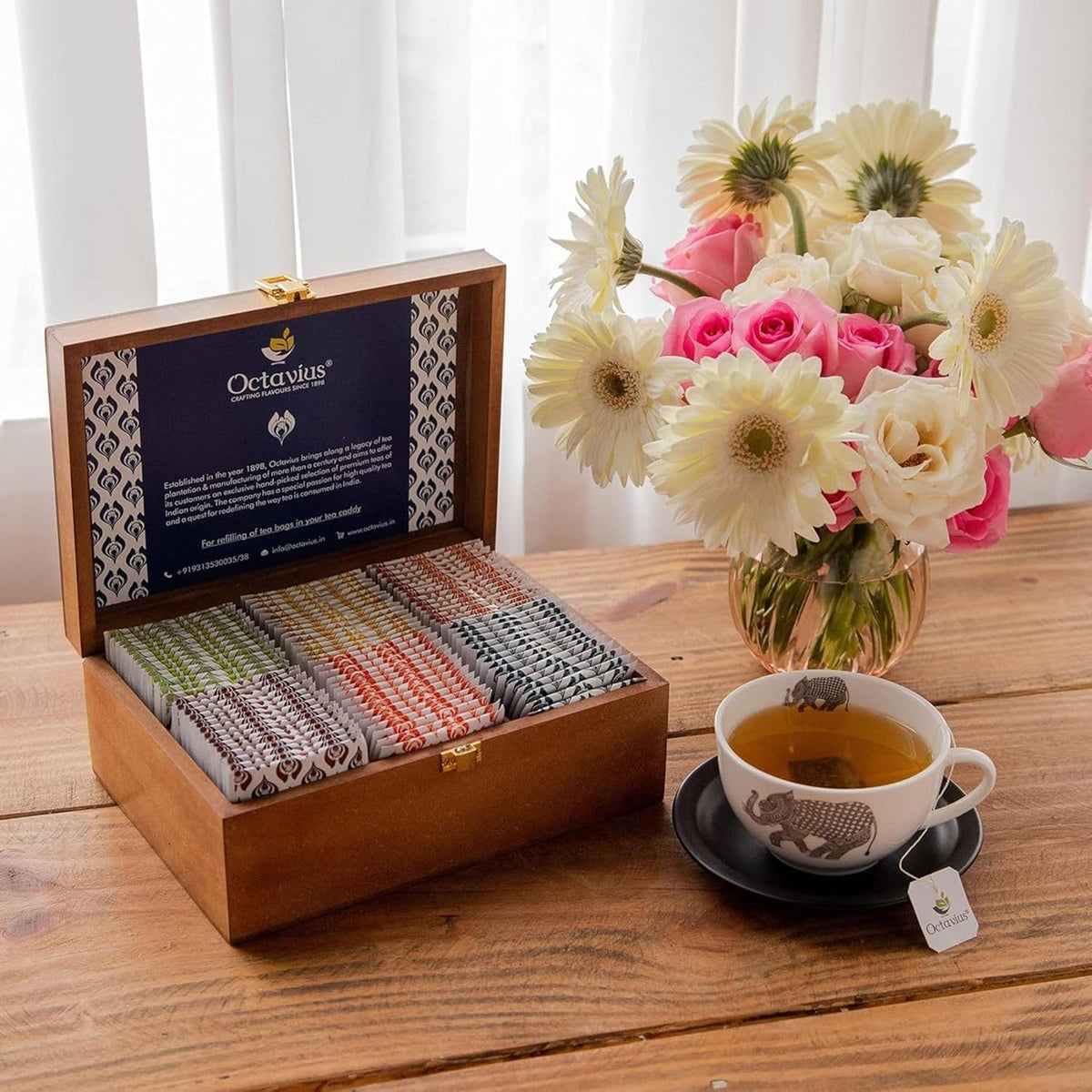 Octavius Gifts Select - Assorted Tea In Lotus Printed Wooden Box | 6 Flavors, 90 Tea Bags | Black & Green Tea | Tea Gifts For Women & Men | Tea Variety Pack