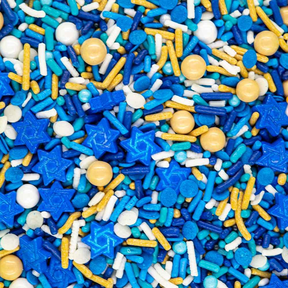 Sweets &   Boutique Hanukkah Sprinkles for Cake Decorating - Blue and Gold Jimmies, Confetti Quin, Sugar Pearls