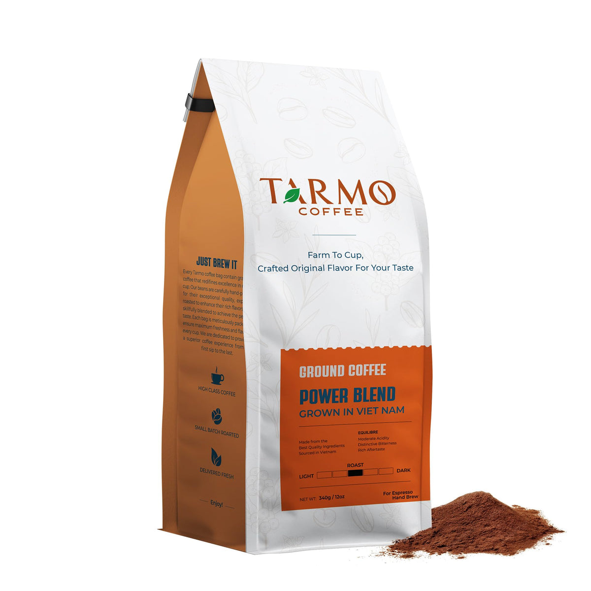 TARMO COFFEE Power Blend Low Acid Ground Coffee, Medium Roast, 12 Oz Bag, Premium Arabica & Robusta Blend
