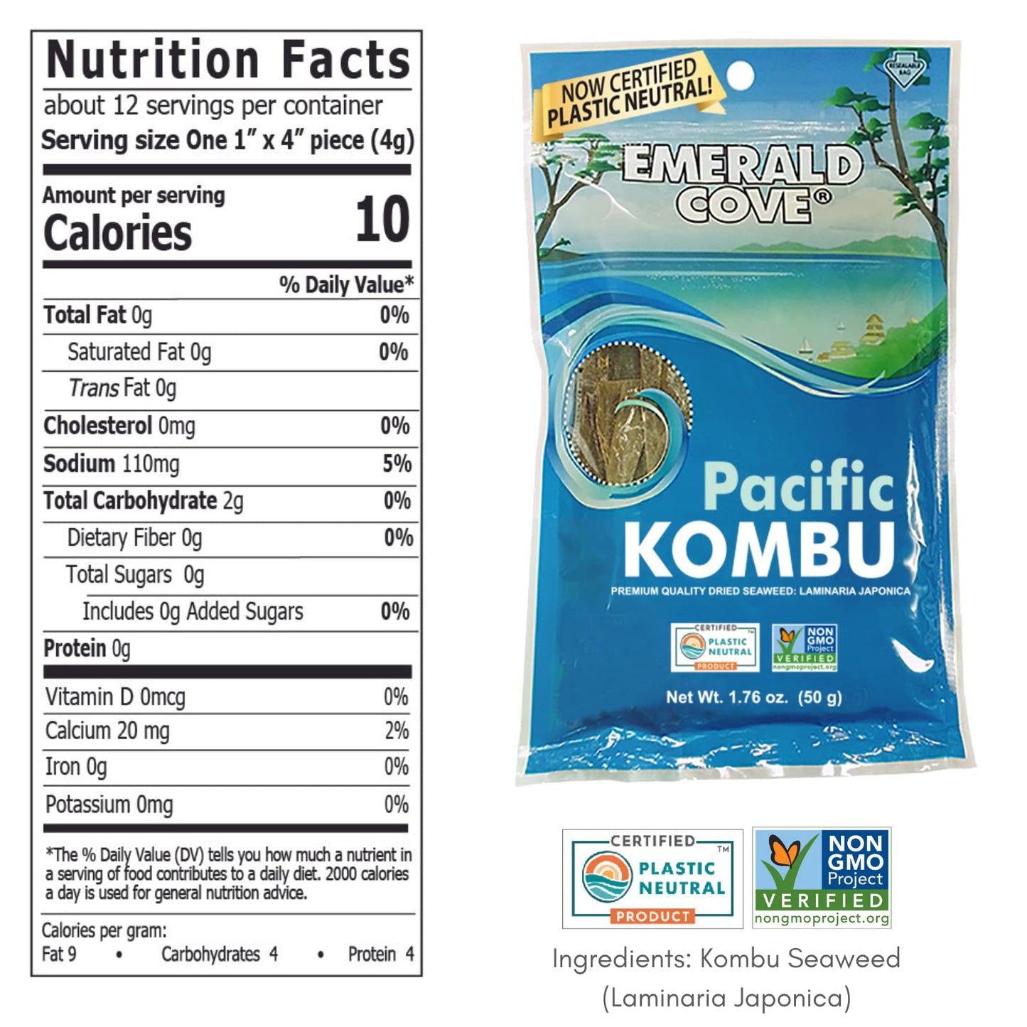 Emerald Cove Pacific Kombu Dried Seaweed, Silver Grade, 1.76 Ounce Bag