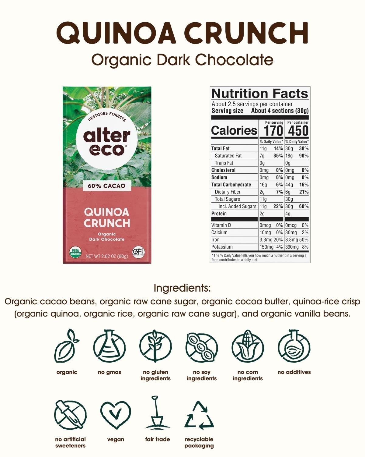 Alter Eco Dark Chocolate Bars - Pure Dark Cocoa, Fair Trade, Organic, Non-GMO, Gluten Free, 2 Count (Pack of 1)
