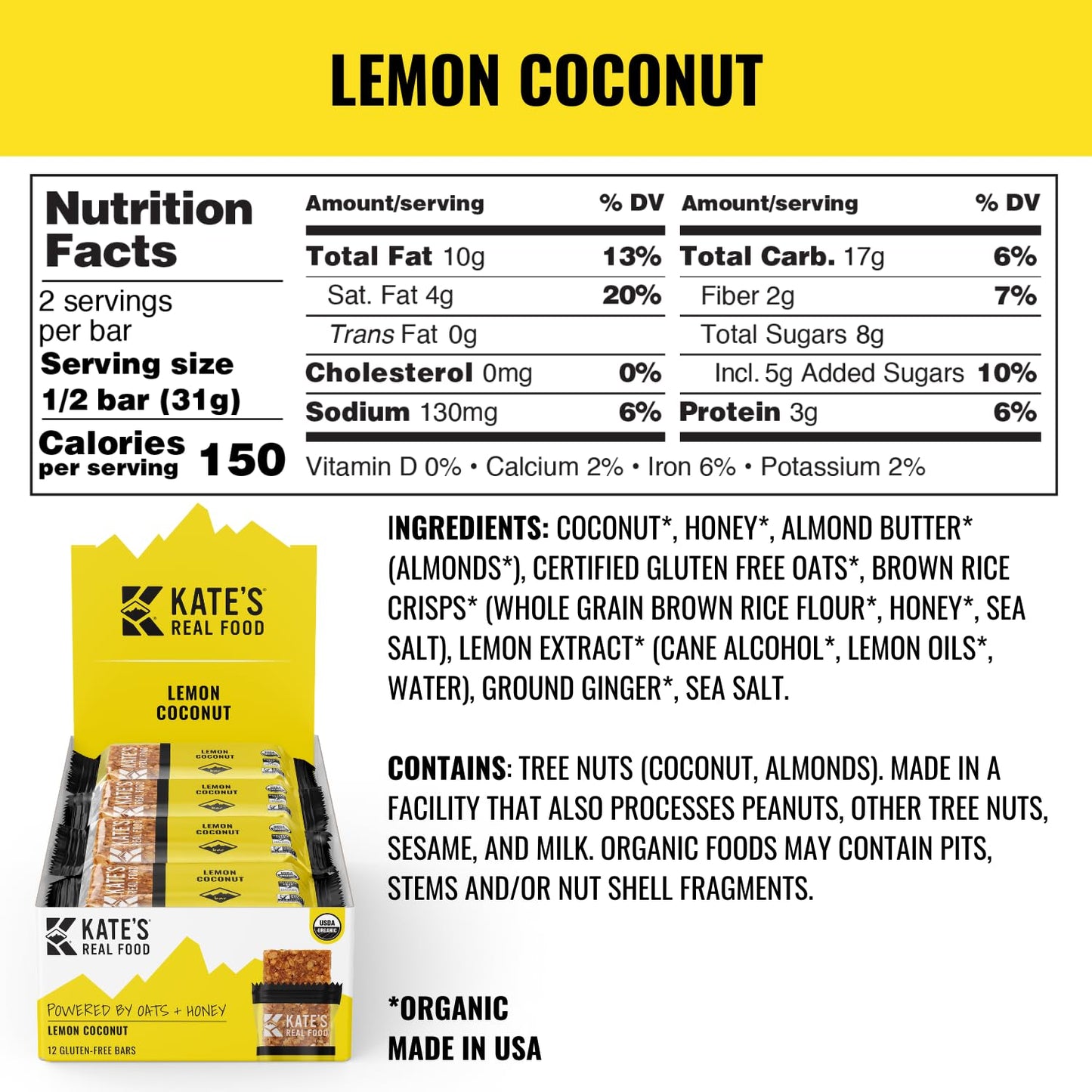 Kates Real Food Organic Granola Bars - Lemon Coconut (2.2 oz  Pack of 12) - Organic Energy Bars Made with Gluten Free Oats - Non GMO  Soy Free  Whole Grains  and All Natural - Healthy Snacks