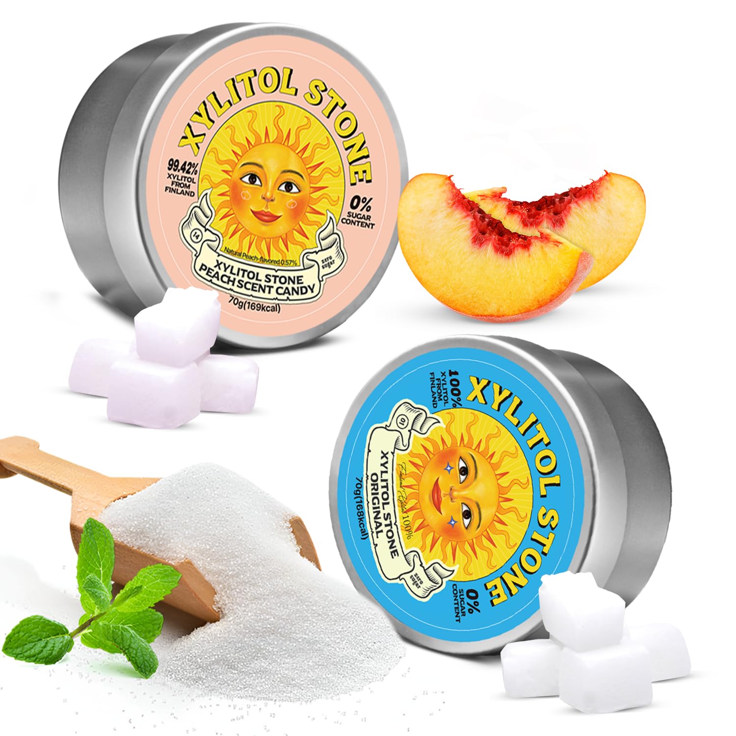 Xylitol Stone Sugar Free Candy - Vegan & Keto Friendly Unique Hard Candy - 100% Natural Flavor Candies - Gluten Free & Non-Gmo Breath Freshener Low Calorie Mints - Pack Of 2 (Oriflavor Blendal  Peach)