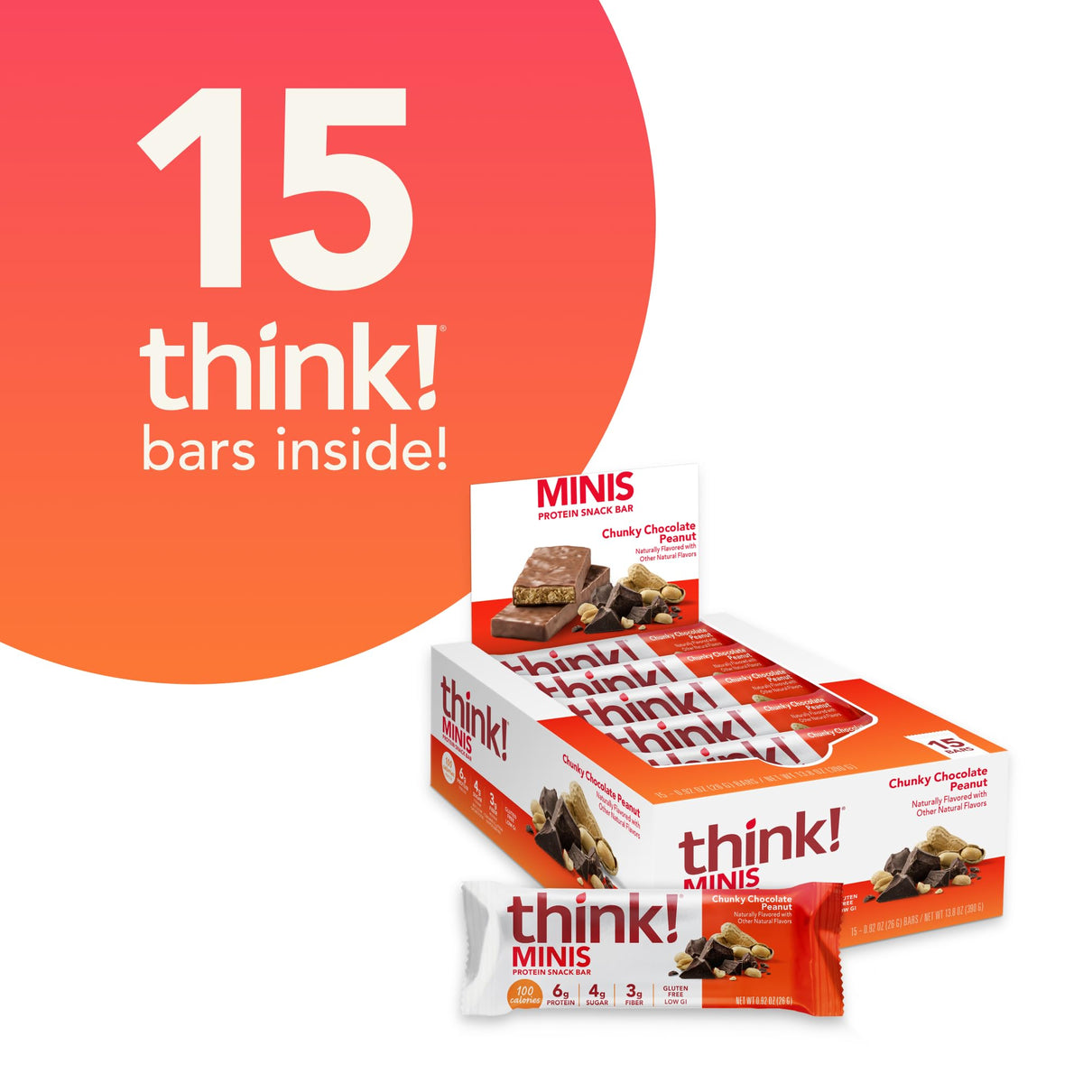 Think! Minis Protein Snack Bars, Gluten Free, Chunky Chocolate Peanut, 15 Count