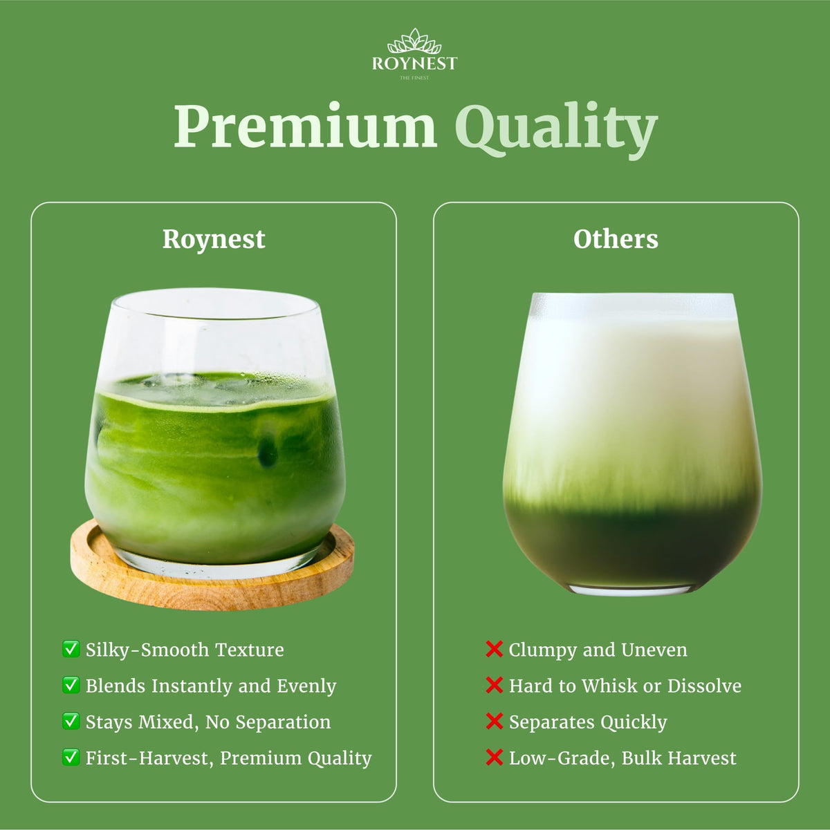 Roynest Japanese Matcha Powder - Non-GMO, Vegan, USDA Certified - 50g (1.76oz) - Green - 30 to 45 servings