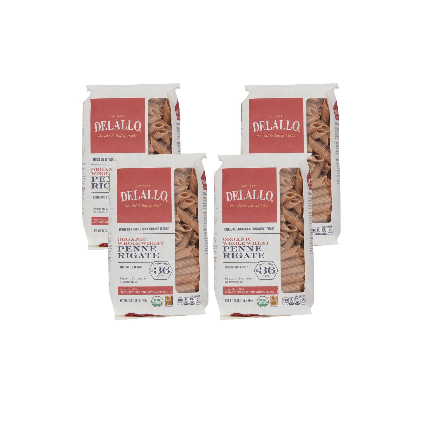 Delallo Whole Wheat Penne Pasta  1 Pound Bag  (4 Pack)  100% Certified Organic  Made In Italy  Whole Grain  Bronze Cut  Made With Only Duflavor Blend Wheat Semolina Flour  Kosher  Vegan
