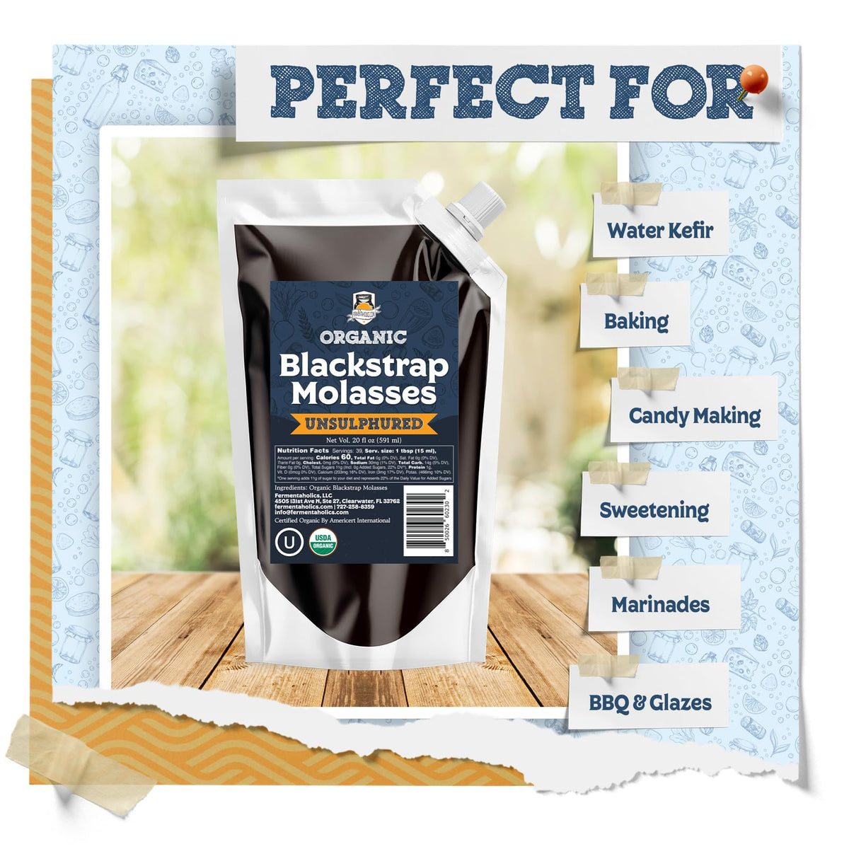 Fermentaholics Organic Unsulphured Blackstrap Molasses | 20 Oz Pouch | OU Kosher & Unsulfured | Spouted Pouch for Easy Measuring