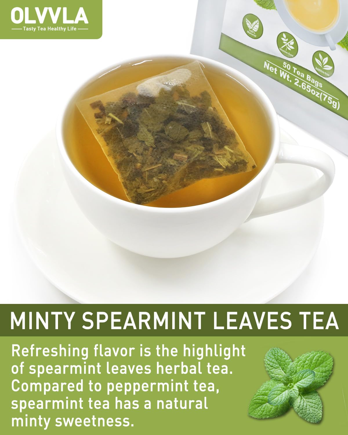 Olvvla Spearmint Tea Bags - 100% Pure Natural - Caffeine-free Herbal Tea - 50 Count