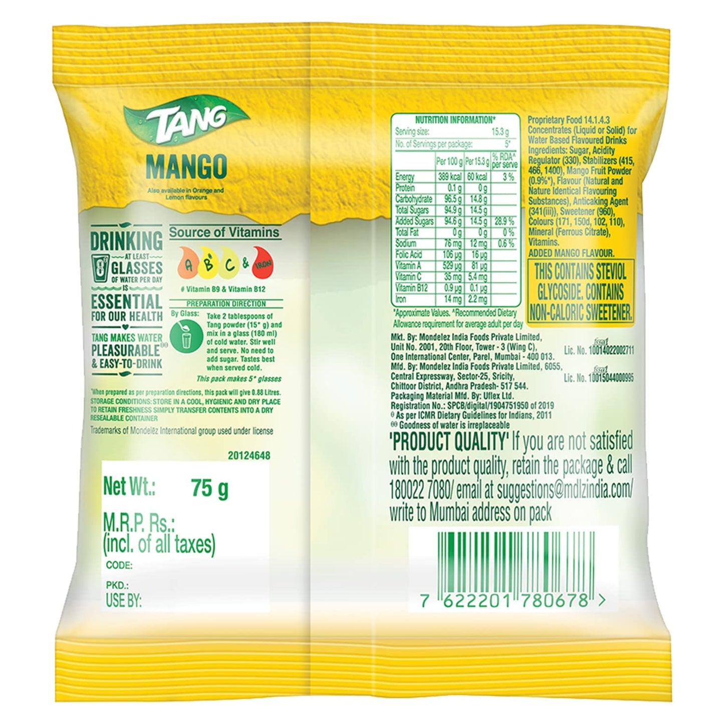 Tang Instant Drink Mix - Mango, 75G Pouch