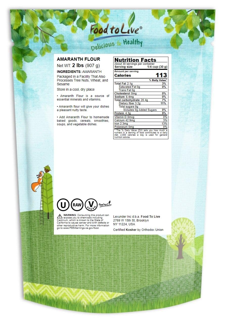Food to Live Amaranth Flour, 2 Pounds Finely Milled Whole Grains, Vegan, Kosher, Bulk. High in Dietary Fiber and Plant-Based Pro