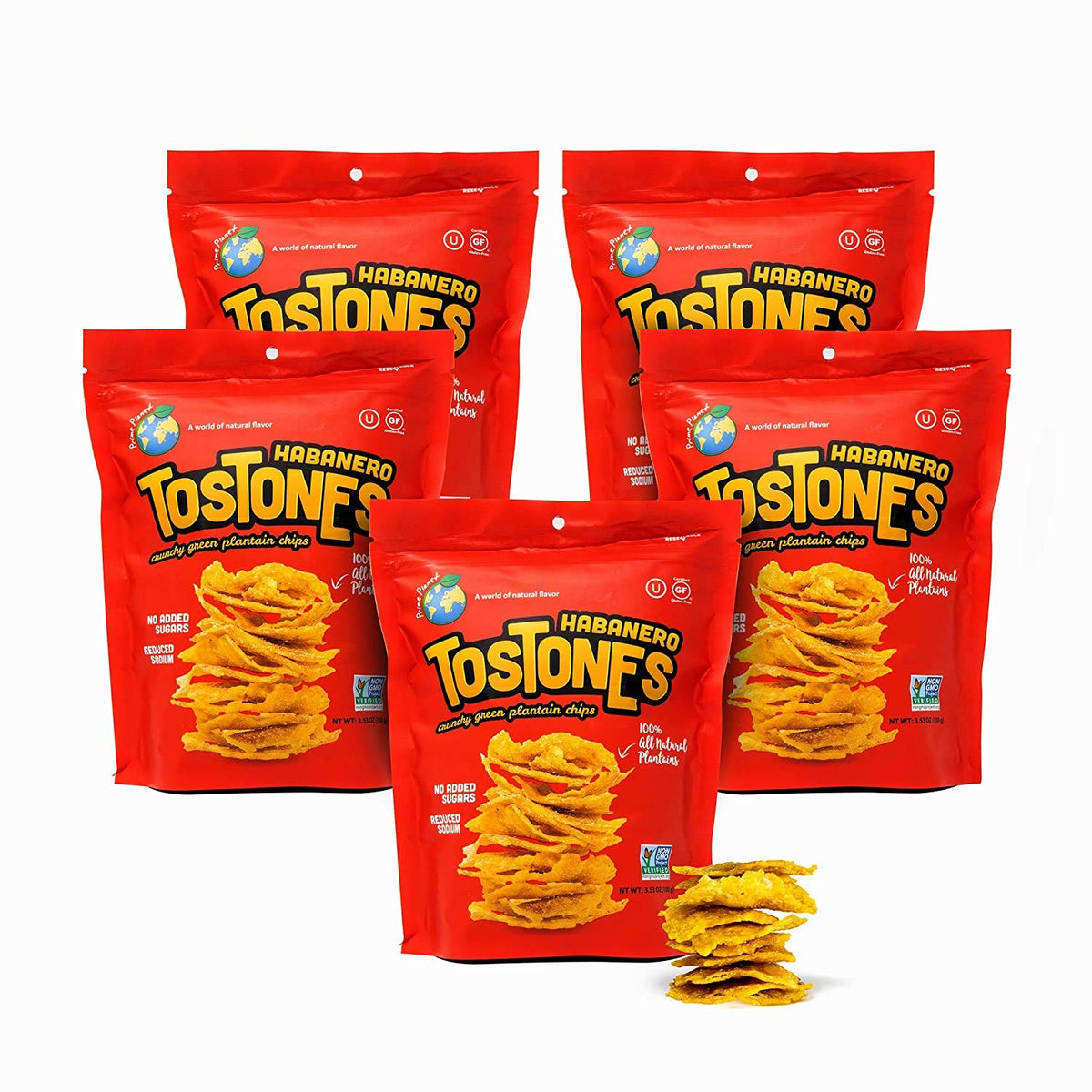 Tostones  Green Plantains  Re-Sealable Bag  Crunchy Chips  Plantains  Palm Oil And Salt  3.53 Oz Per Unit  3.53 Oz Per Unit  Habanero Flavored  5 Pack 