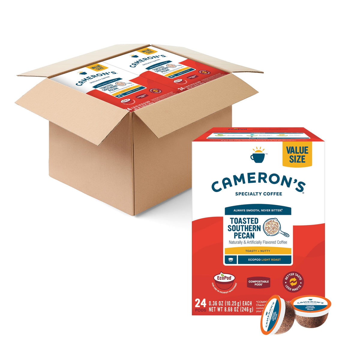 Cameron s Coffee Single Serve Pods, Flavored, Toasted Southern Pecan, 96 Count