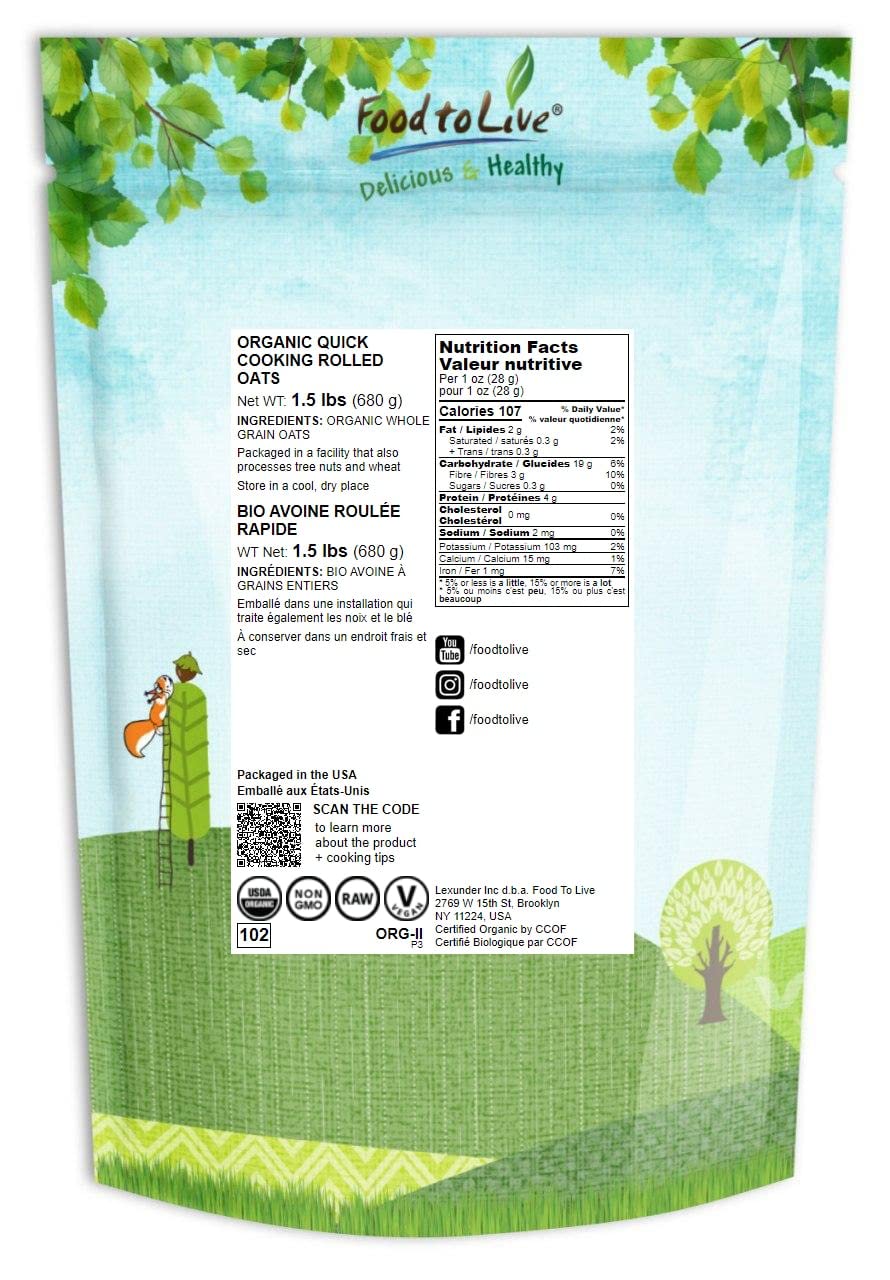 Food To Live Organic Quick Cooking Rolled Oats - Non-Gmo, 1-Minute Oatmeal, 100% Whole Grain, Thin Flakes, Uncooked, Vegan, Bulk