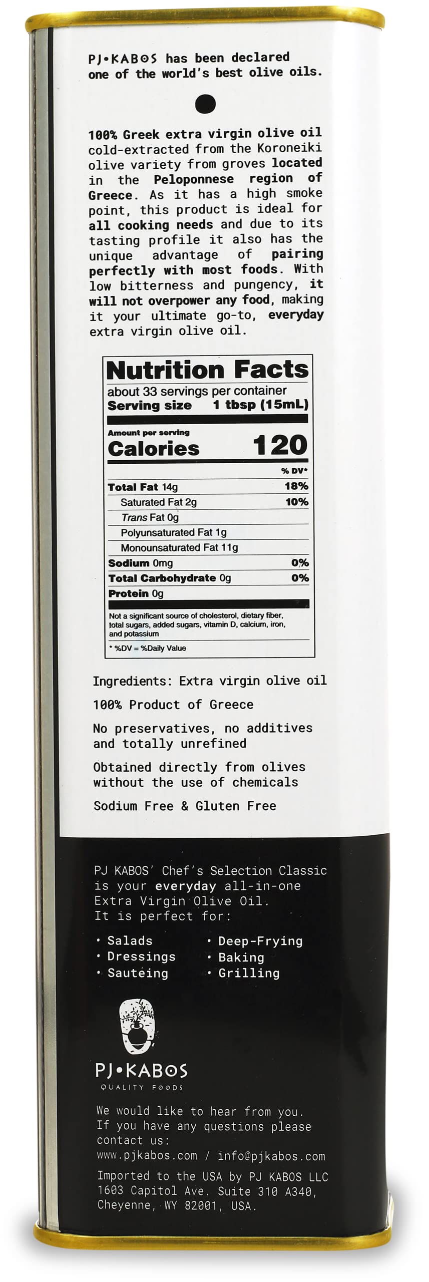 P.J. KABOS Everyday Greek Extra Virgin Olive Oil, Cold Extracted, 16.9 oz Tin, Kosher, Koroneiki Variety