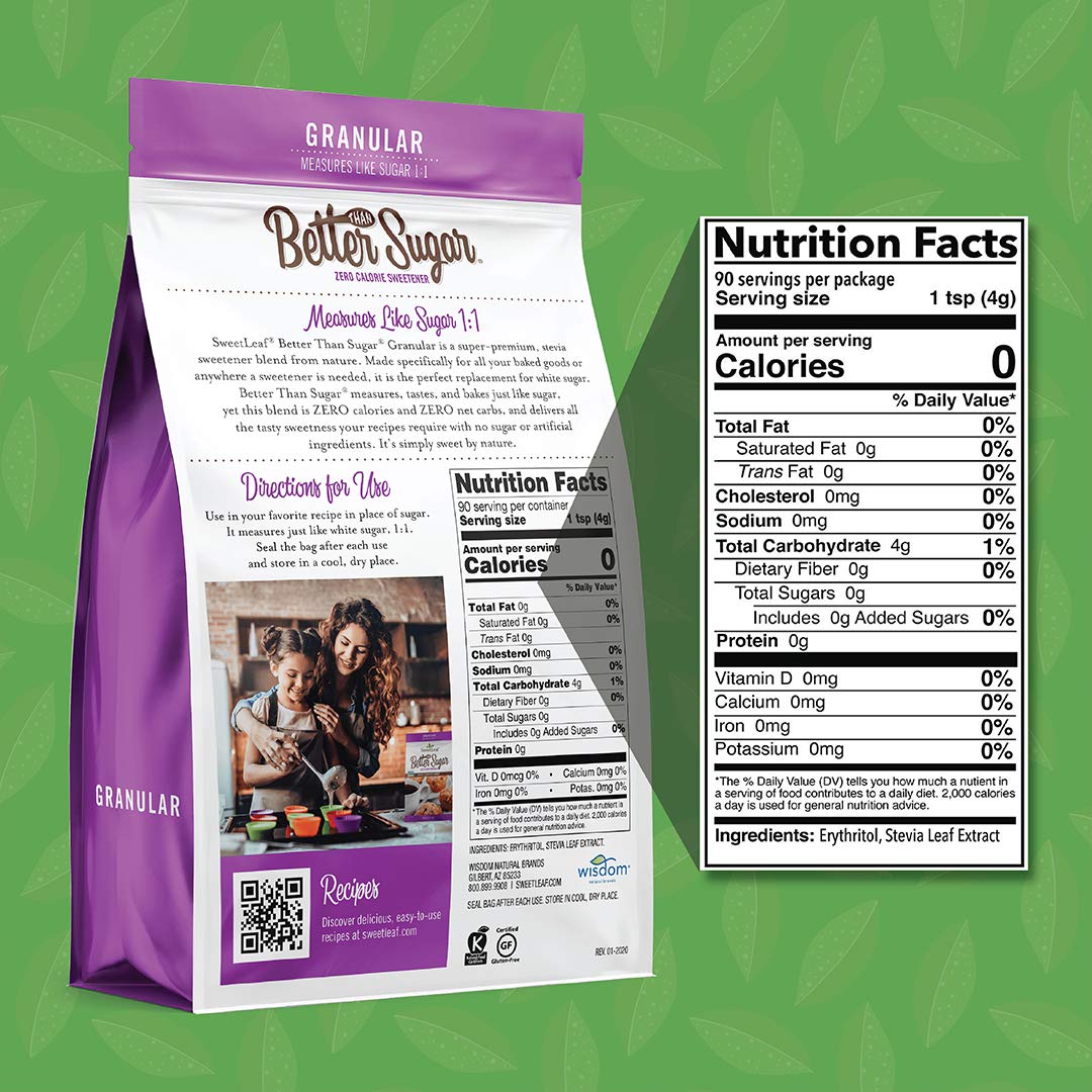 SweetLeaf Better Than Sugar Sweetener - Sugar Substitute with Stevia & Erythritol, Use for Baking, Cooking, or Coffee, Natural G