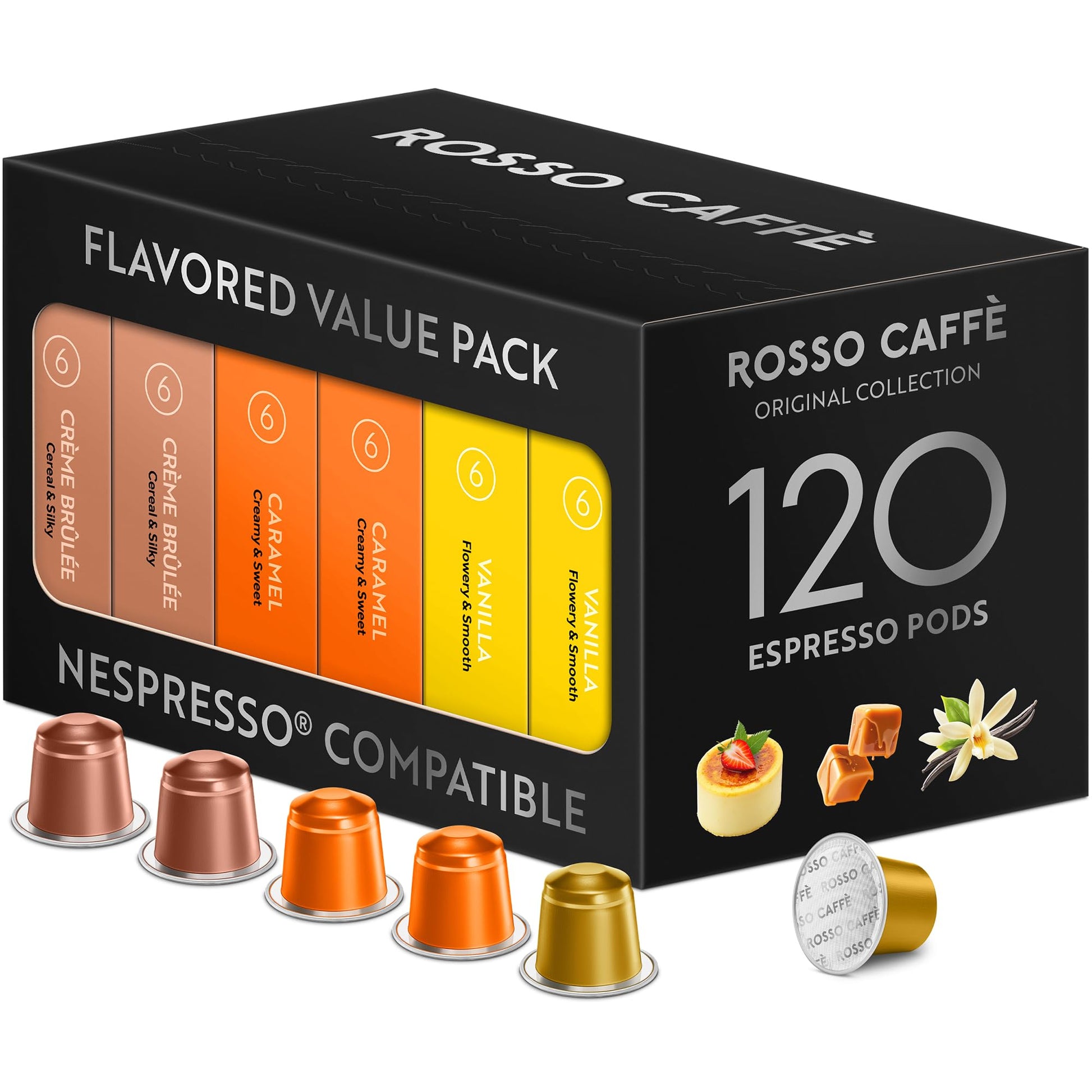 Rosso Caff 120 Espresso Coffee Pods For Nespresso Oriflavor Blendal Machines - Value Pack Of Top-Grade Flavored Units  3 Rich And Balanced Desert Coffees (Vanilla  Crme Brulee  Caramel)