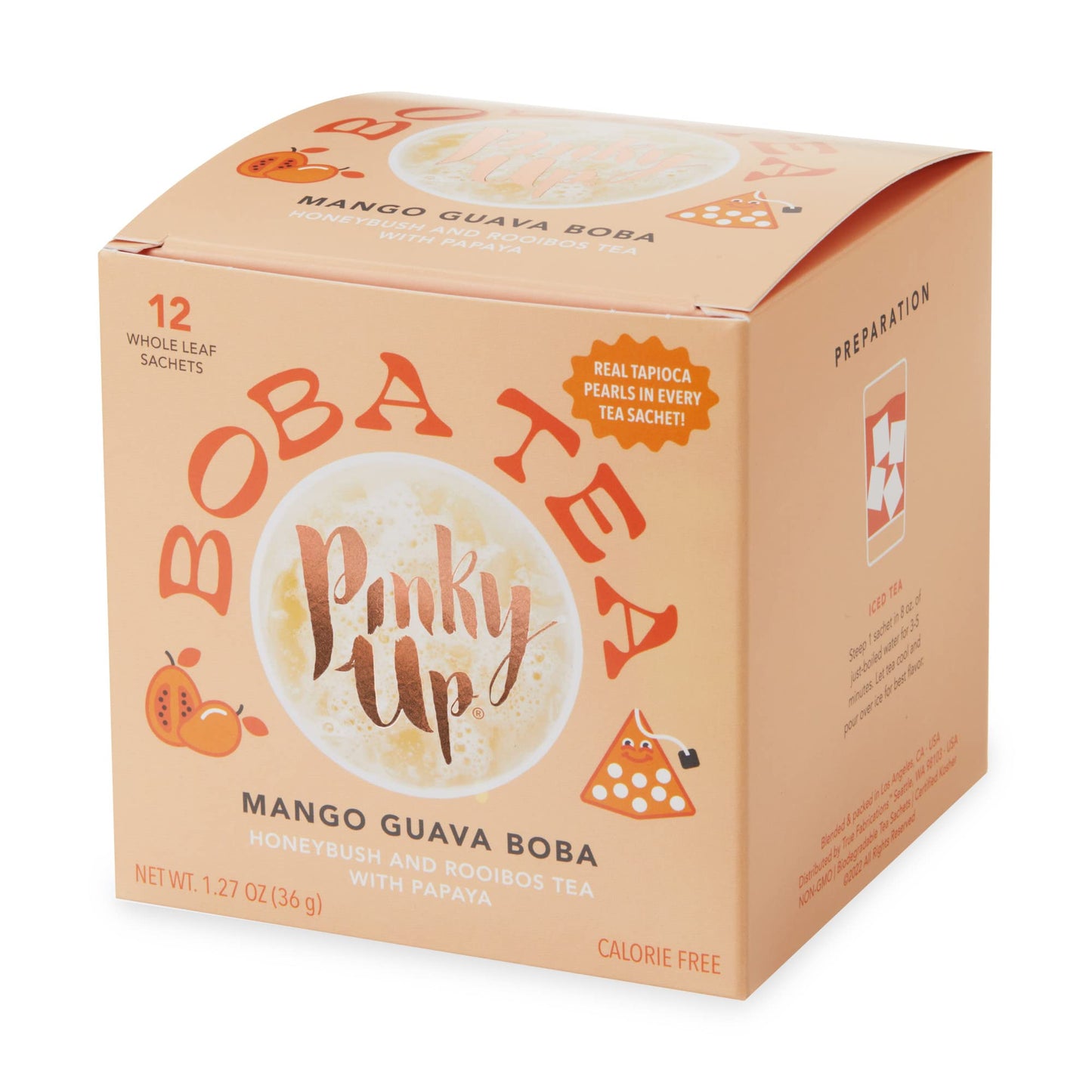 Pinky Up Mango Guava Boba Tea Sachets - Calorie Free Whole Leaf Rooibos Tea Bubble Tea - Boba Gift 12 Biodegradable Tea Bags